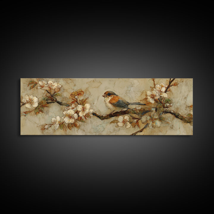 Small Bird on a Flowering Branch Canvas Print, Bed and Breakfast Art, Folk Art, Living Room Decor, Watercolor Art, BAB-3x1-54