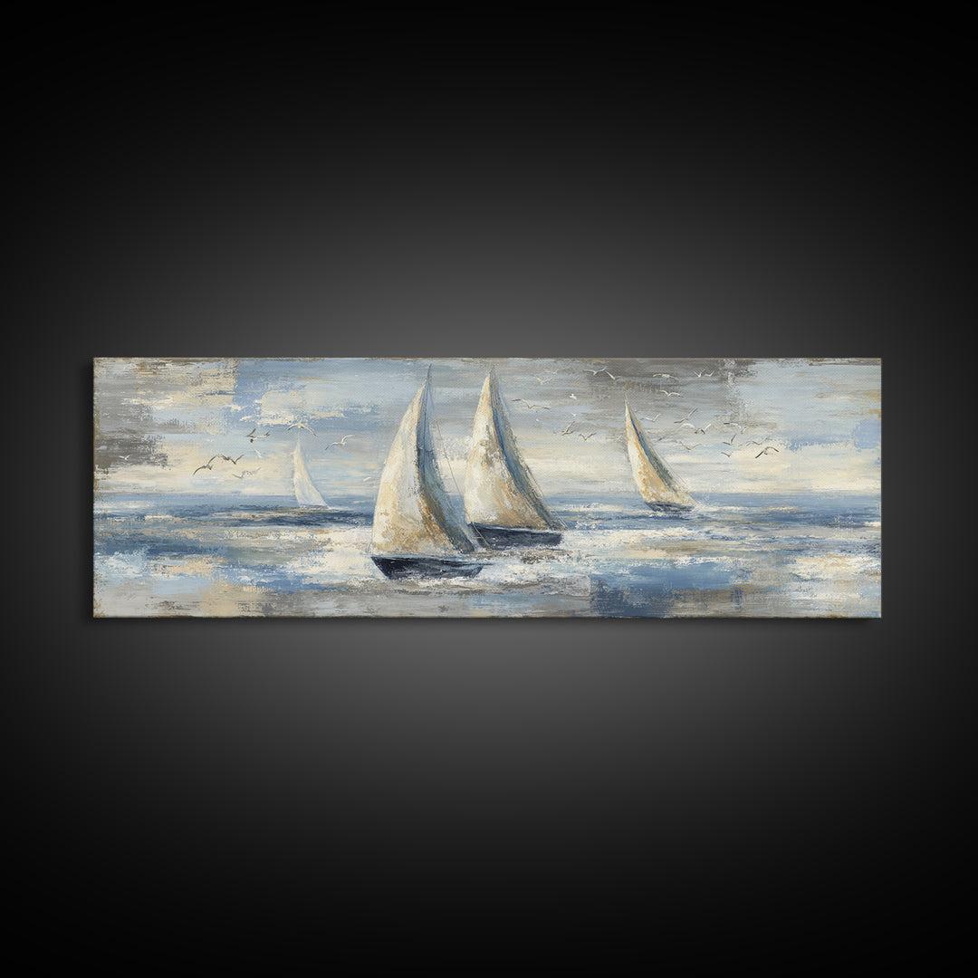 Coastal Inn Sailboat at Sunrise Framed Canvas Print, Bed and Breakfast Art, Folk Art, Living Room Decor, Fine Art, BAB-3x1-57
