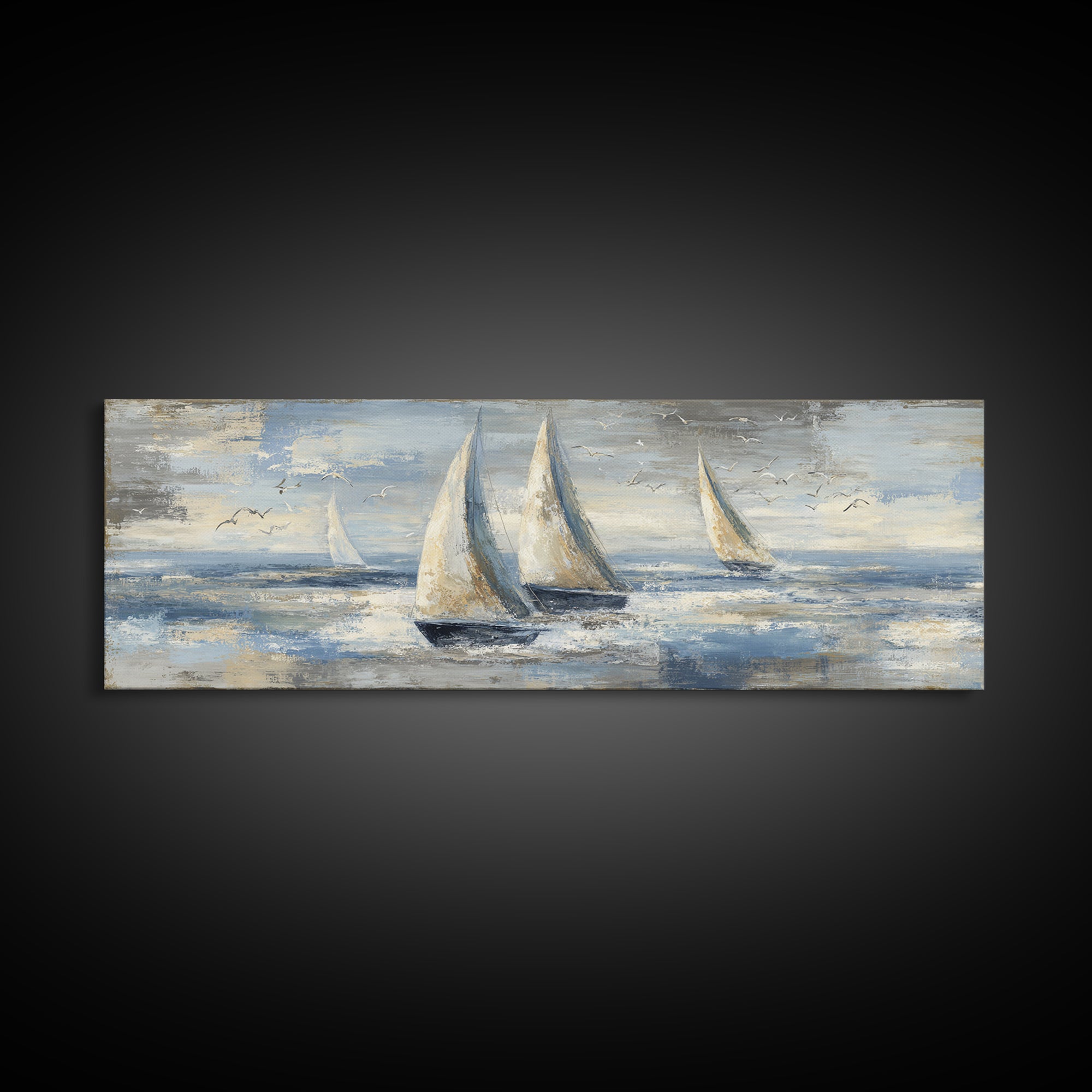 Coastal Inn Sailboat at Sunrise Framed Canvas Print, Bed and Breakfast Art, Folk Art, Living Room Decor, Fine Art, BAB-3x1-57