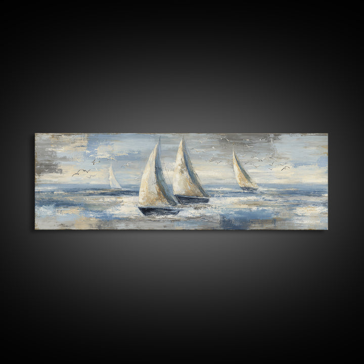 Coastal Inn Sailboat at Sunrise Framed Canvas Print, Bed and Breakfast Art, Folk Art, Living Room Decor, Fine Art, BAB-3x1-57