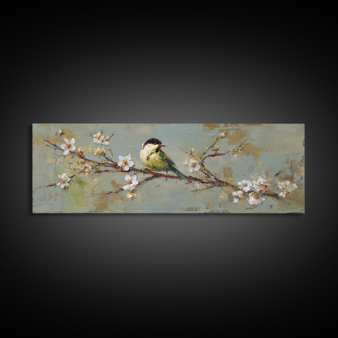 Small Bird on a Flowering Branch Canvas Print, Bed and Breakfast Art, Farmhouse Wall Art, Living Room Decor, Fine Art, BAB-3x1-6
