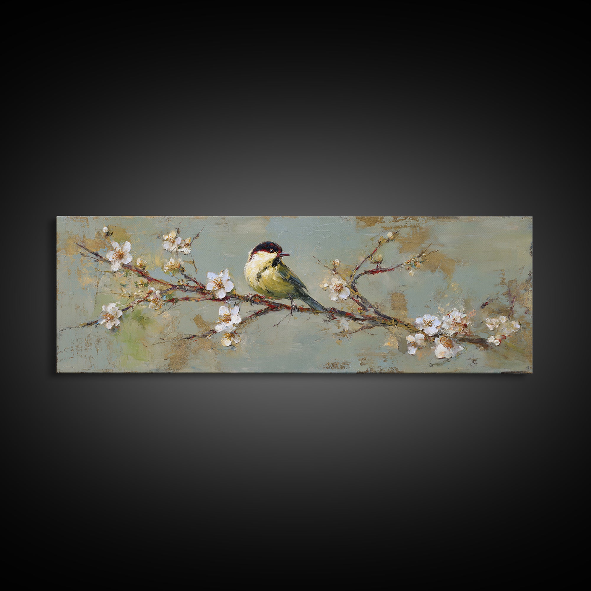 Small Bird on a Flowering Branch Canvas Print, Bed and Breakfast Art, Farmhouse Wall Art, Living Room Decor, Fine Art, BAB-3x1-6