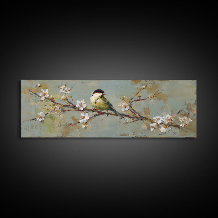 Small Bird on a Flowering Branch Canvas Print, Bed and Breakfast Art, Farmhouse Wall Art, Living Room Decor, Fine Art, BAB-3x1-6