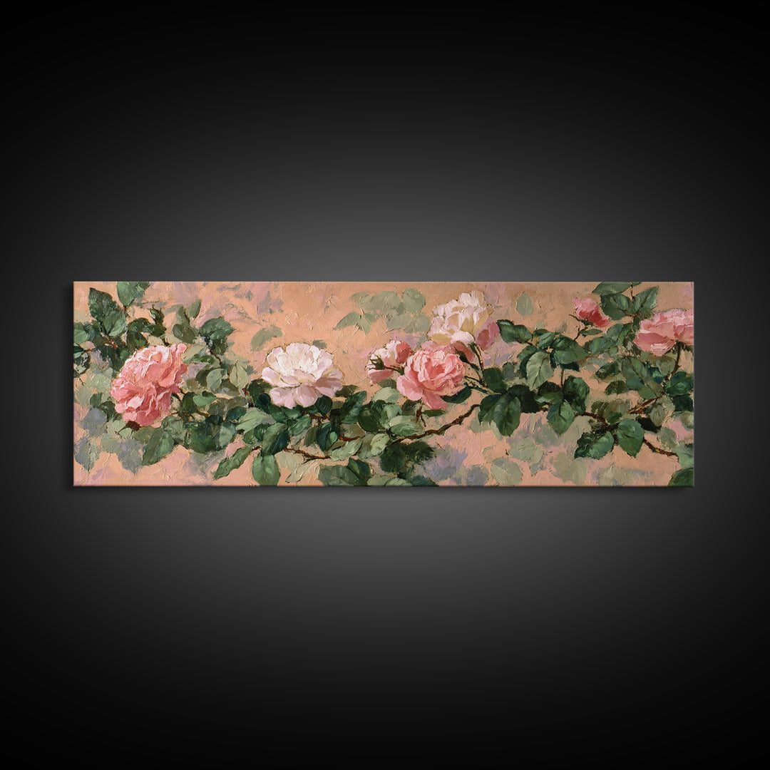 Garden Roses in Romantic Oil Paint Canvas Print, Bed and Breakfast Art, Bedroom Art, Living Room Decor, Watercolor Art, BAB-3x1-61