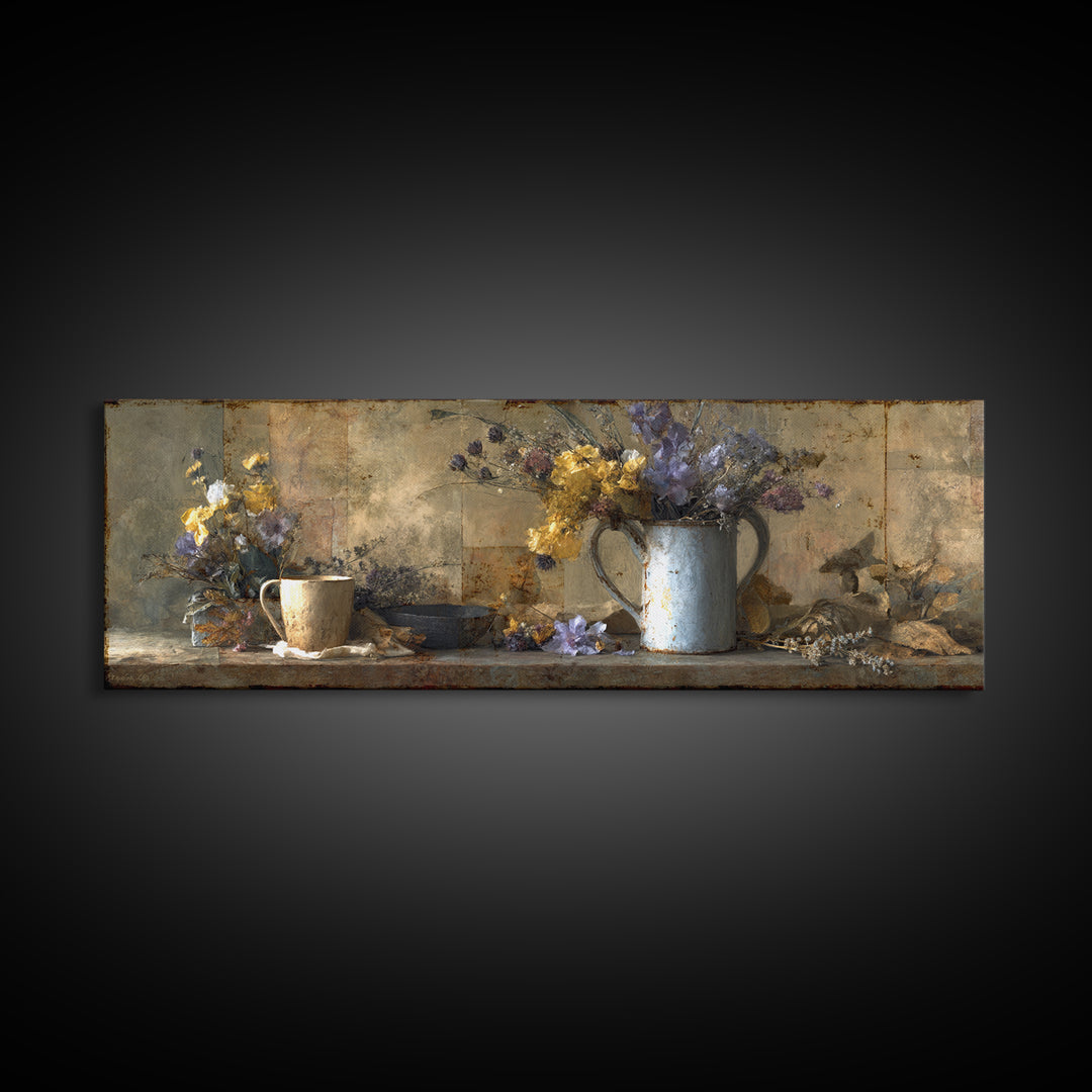 Country Wildflowers in a Chipped Ceramic Pitcher Canvas Print, Bed and Breakfast Art, Rustic Home Decor, Living Room Decor, BAB-3x1-65