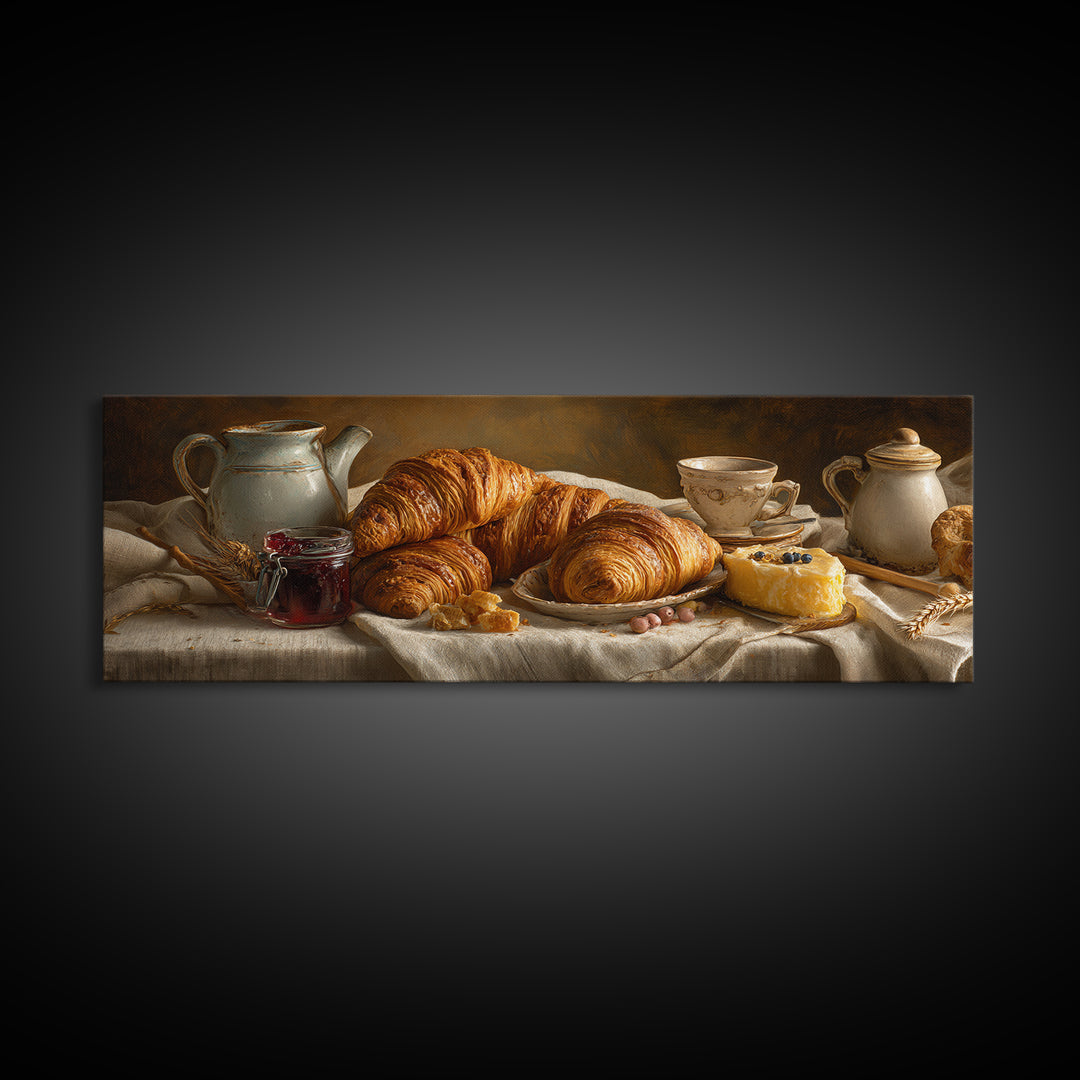 Fresh Croissants and Jam on a Linen Canvas Print, Bed and Breakfast Art, Bedroom Wall Art, Living Room Decor, Abstract Art, BAB-3x1-66
