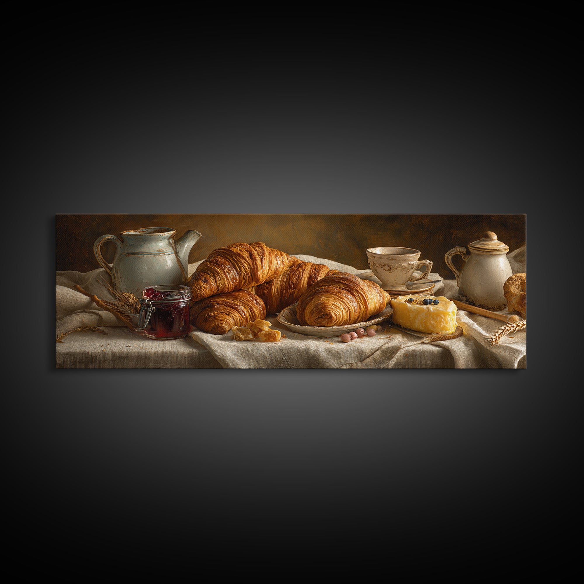 Fresh Croissants and Jam on a Linen Canvas Print, Bed and Breakfast Art, Bedroom Wall Art, Living Room Decor, Abstract Art, BAB-3x1-66