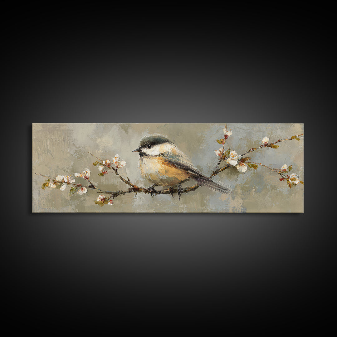 Small Bird on a Flowering Branch Canvas Print, Bed and Breakfast Art, Printable, Living Room Decor, Oil Painting, BAB-3x1-78