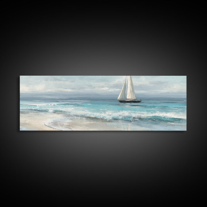 Coastal Inn Sailboat at Sunrise Framed Canvas Print, Bed and Breakfast Art, Folk Art, Living Room Decor, Fine Art, BAB-3x1-81