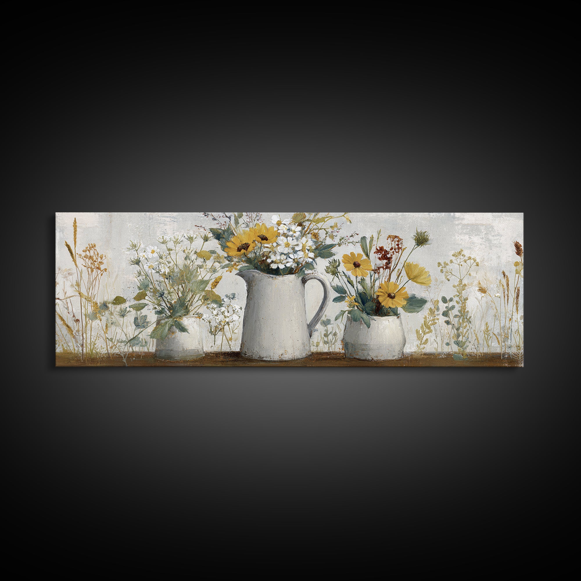 Country Wildflowers in a Chipped Ceramic Pitcher Canvas Print, Bed and Breakfast Art, Boho Decor, Living Room Decor, BAB-3x1-89