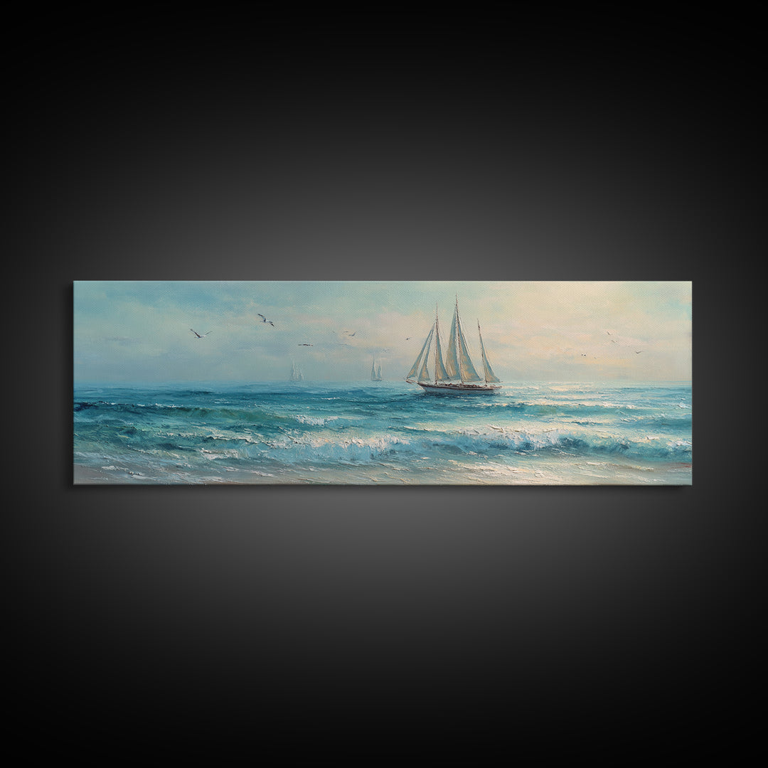 Coastal Inn Sailboat at Sunrise Framed Canvas Print, Bed and Breakfast Art, Dopamine Decor, Living Room Decor, Fine Art, BAB-3x1-9