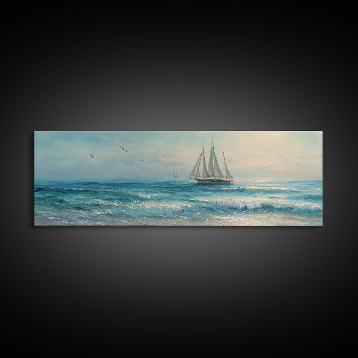 Coastal Inn Sailboat at Sunrise Framed Canvas Print, Bed and Breakfast Art, Dopamine Decor, Living Room Decor, Fine Art, BAB-3x1-9