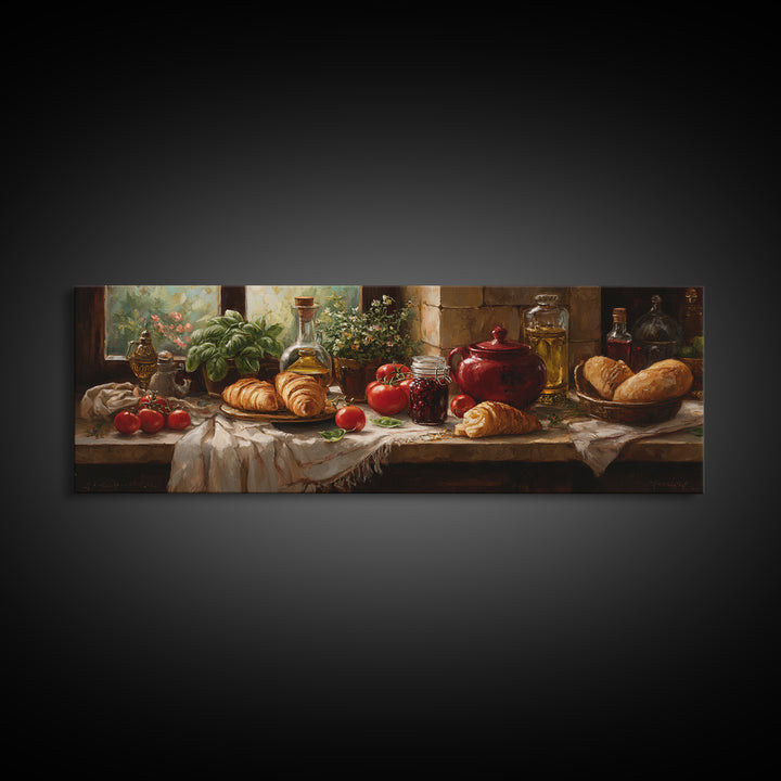 Fresh Croissants and Jam on a Linen Canvas Print, Bed and Breakfast Art, Farmhouse Wall Art, Living Room Decor, BAB-3x1-90