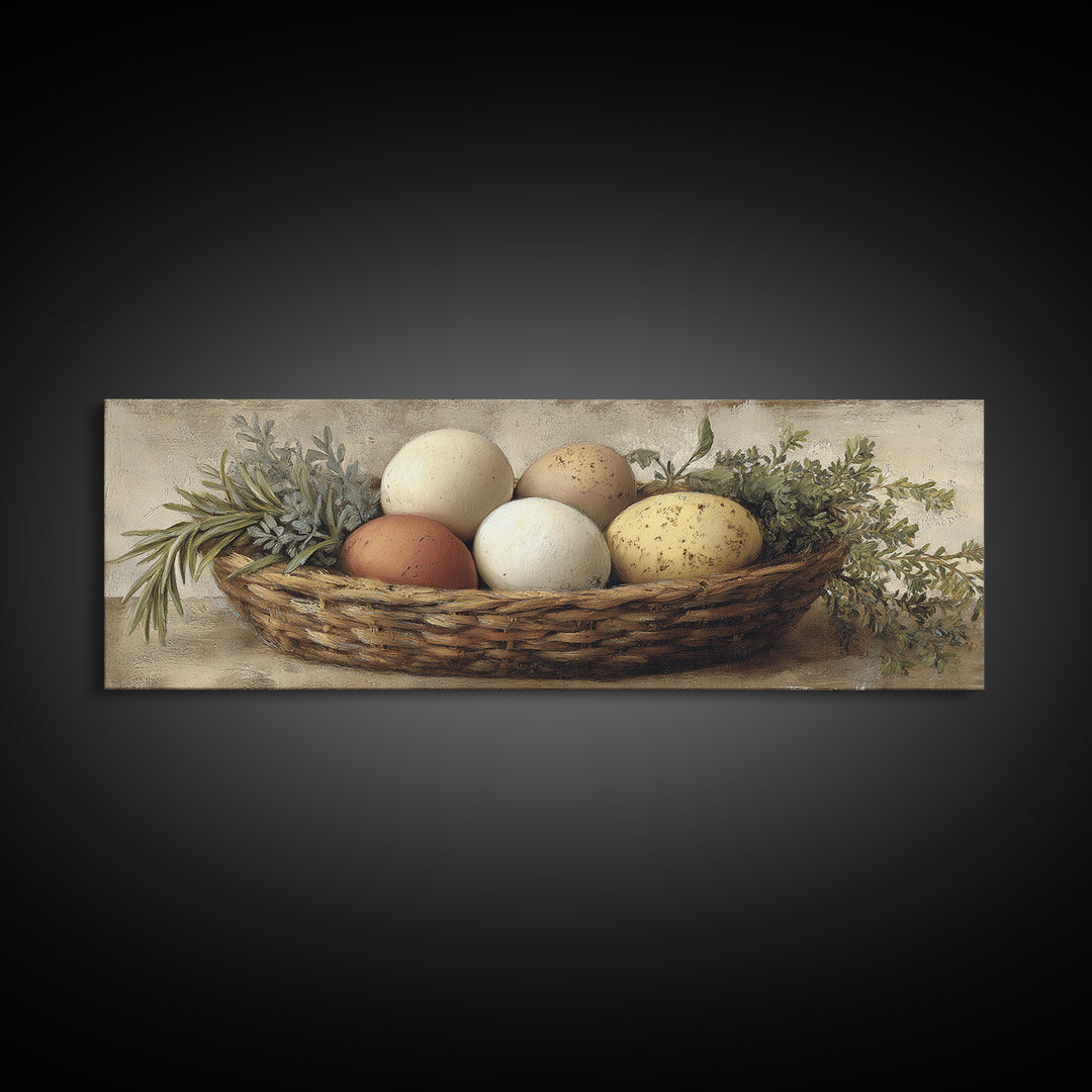Fresh Eggs in a Woven Basket with Canvas Print, Bed and Breakfast Art, Coffee Art, Living Room Decor, Watercolor Art, BAB-3x1-94