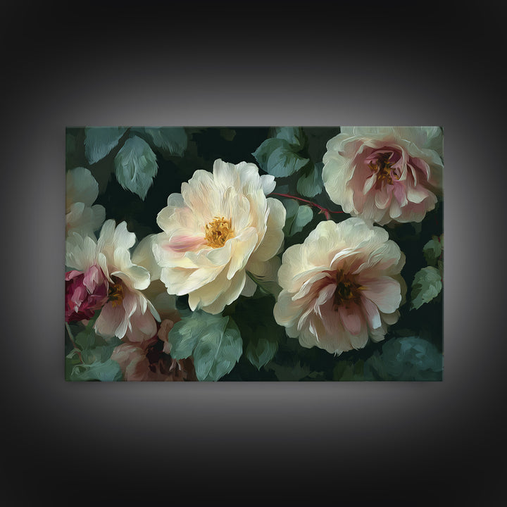 Garden Roses in Romantic Oil Paint Canvas Print, Bed and Breakfast Art, Bedroom Wall Decor, Living Room Decor, Fine Art, BAB-3x2-1