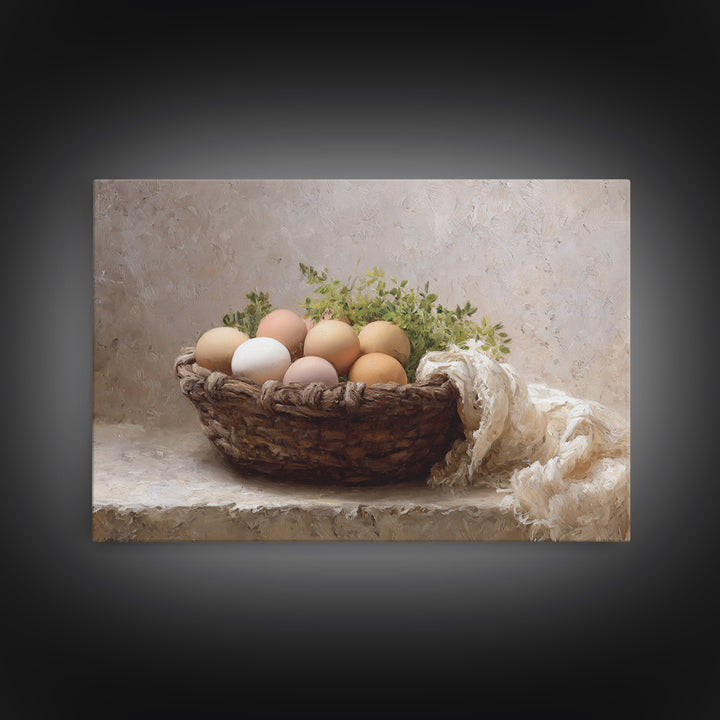 Fresh Eggs in a Woven Basket with Framed Canvas Print, Bed and Breakfast Art, Bed, Living Room Decor, Fine Art, BAB-3x2-10