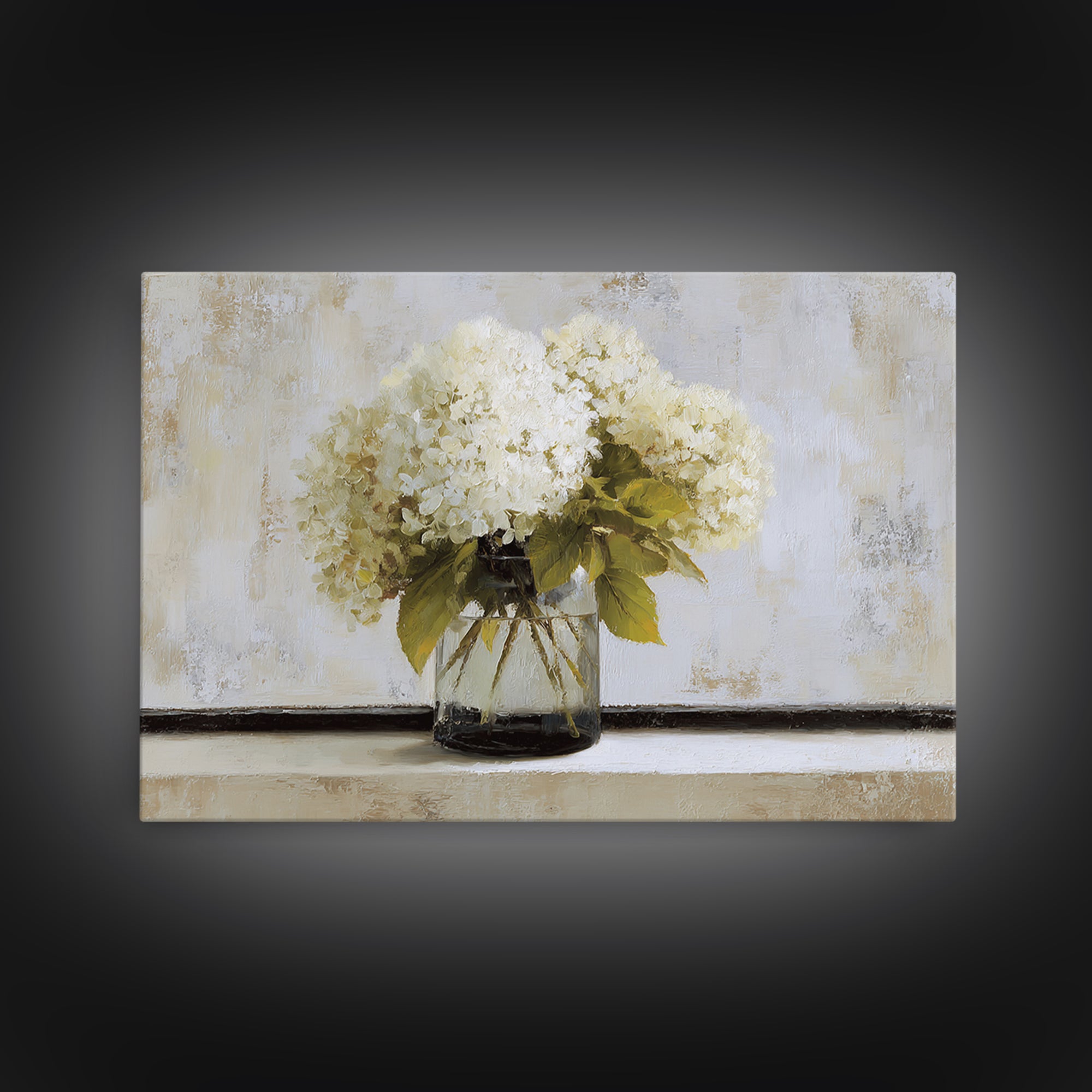 Sunlit Hydrangeas on a Windowsill Framed Canvas Print, Bed and Breakfast Art, Wood Wall Art, Living Room Decor, Fine Art, BAB-3x2-14