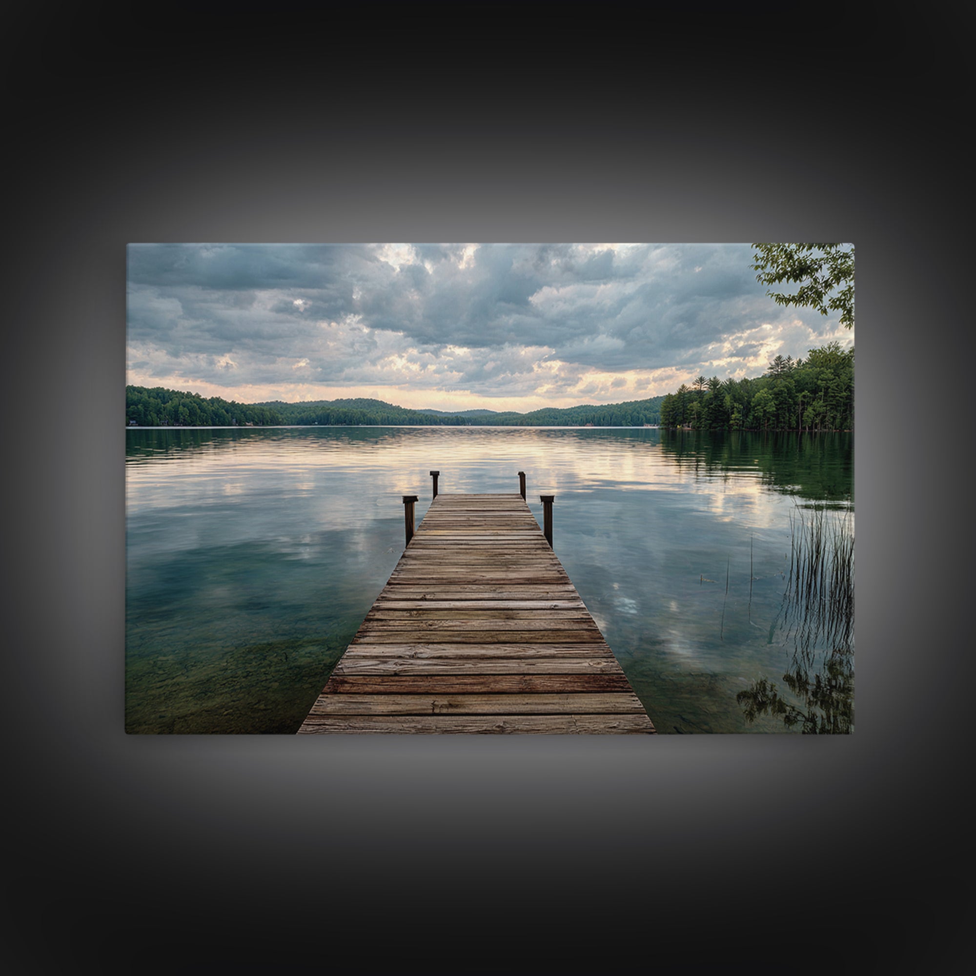 Quiet Lake Dock at Early Morning Framed Canvas Print, Bed and Breakfast Art, Canvas Wall Art, Living Room Decor, Fine Art, BAB-3x2-2