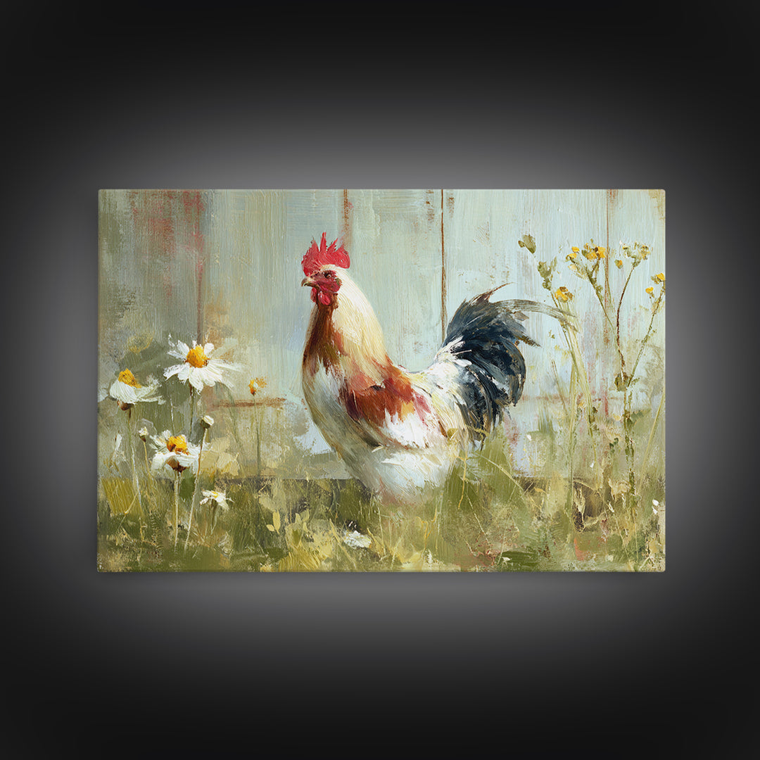 Rooster and Wildflower Country Portrait Canvas Print, Bed and Breakfast Art, Coffee Wall Art, Living Room Decor, BAB-3x2-23