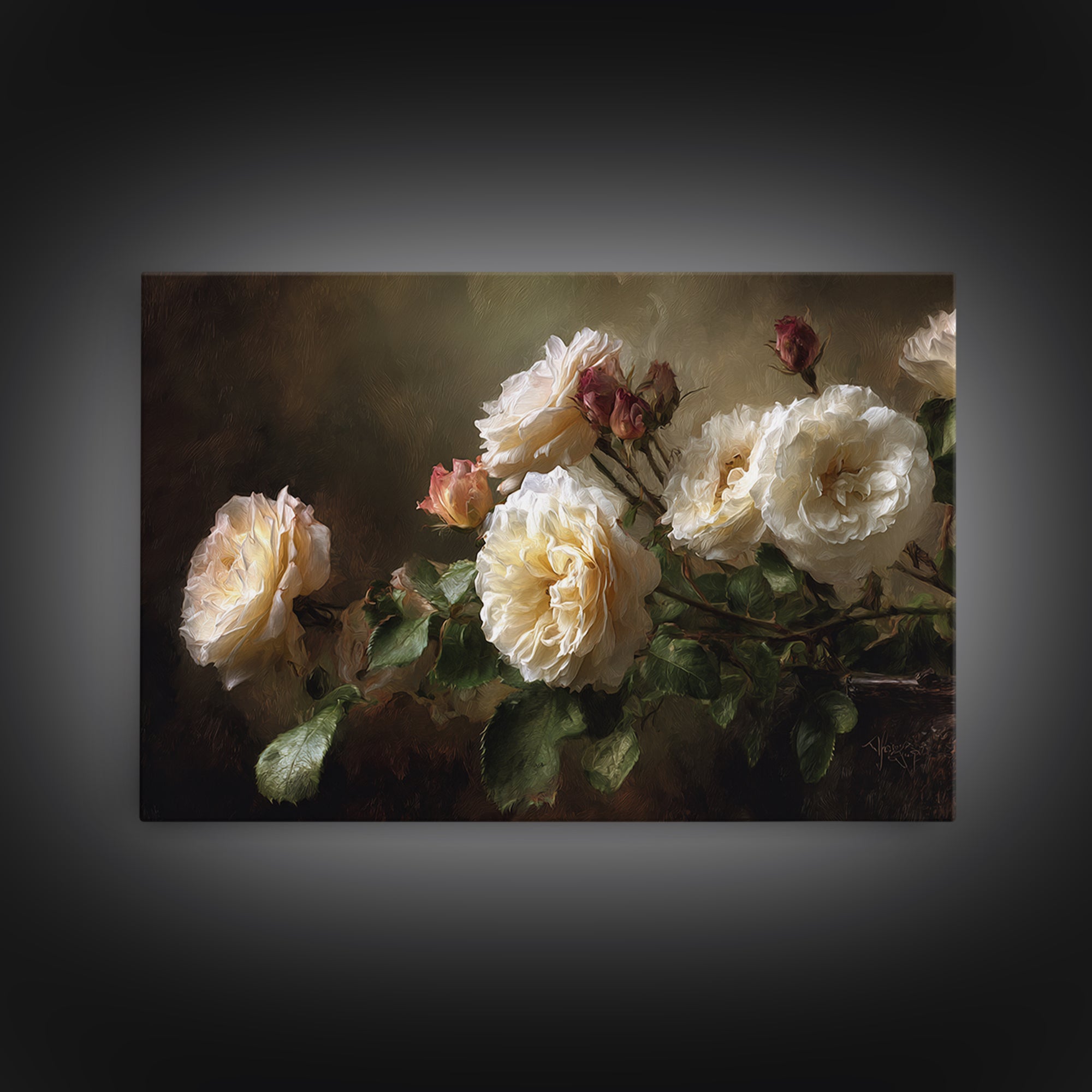 Garden Roses in Romantic Oil Paint Framed Canvas Print, Bed and Breakfast Art, Bedroom Prints, Living Room Decor, Fine Art, BAB-3x2-25