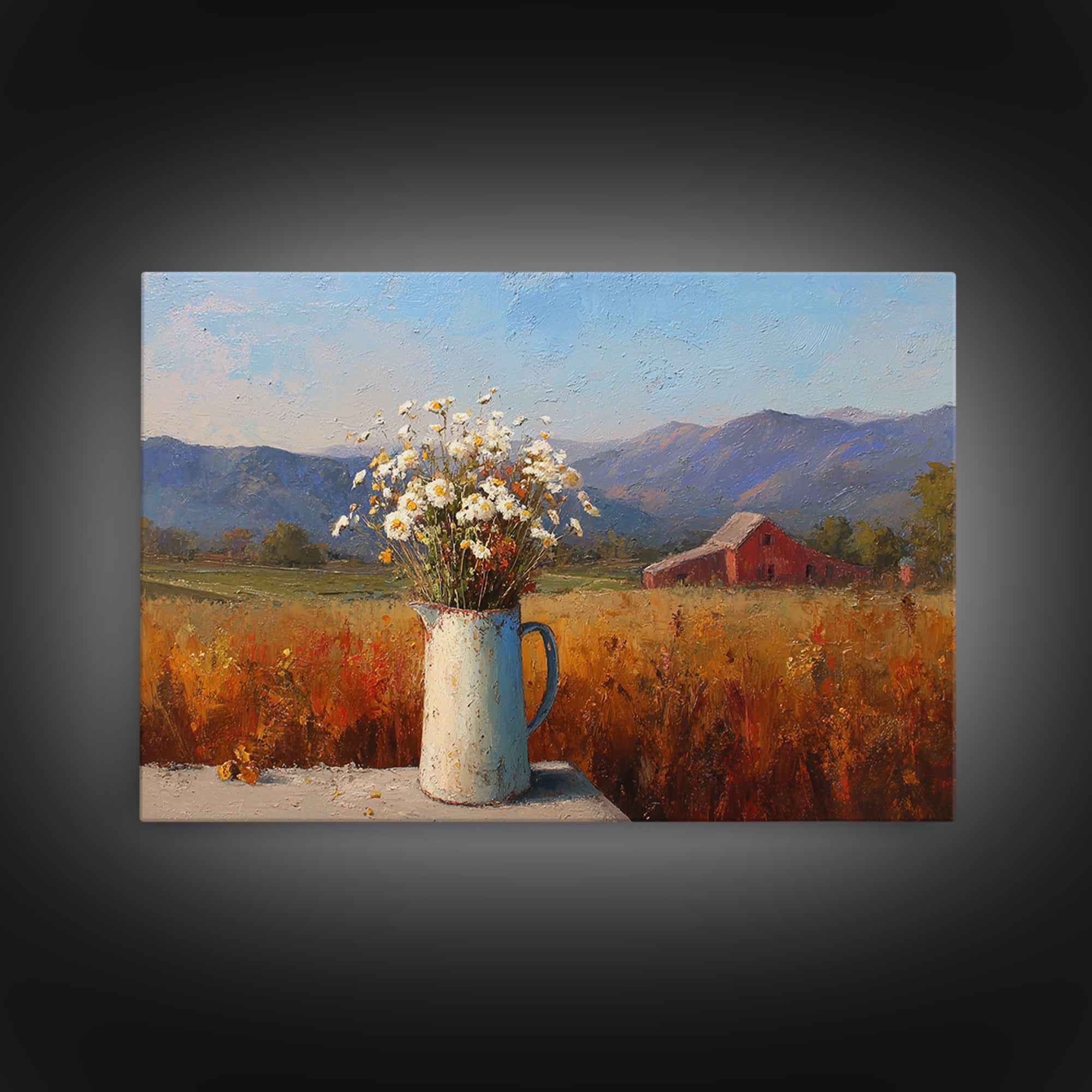Country Wildflowers in a Chipped Ceramic Pitcher Canvas Print, Bed and Breakfast Art, Modern Decor, Living Room Decor, BAB-3x2-29