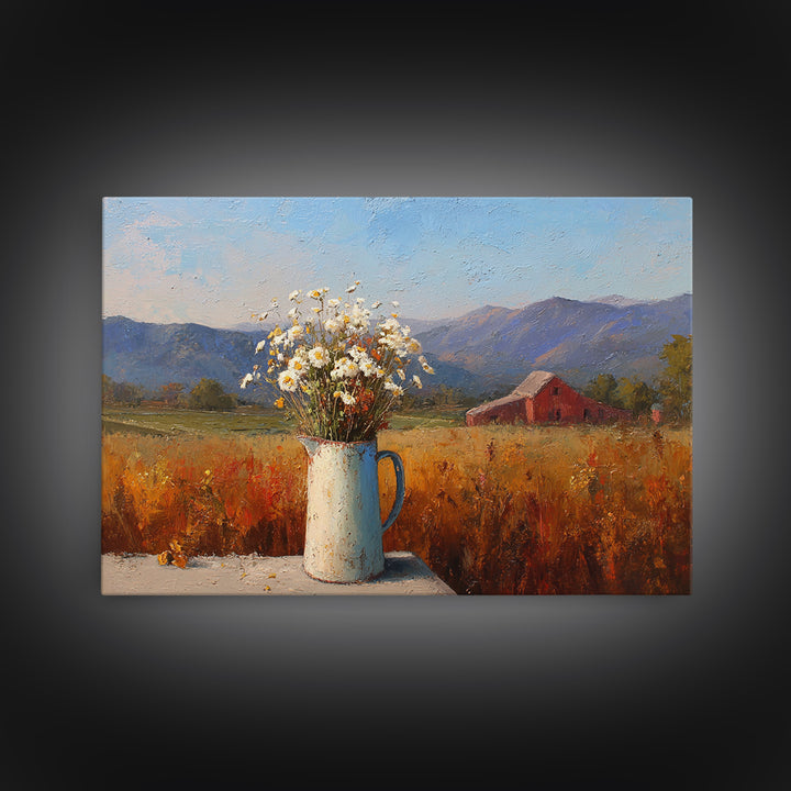 Country Wildflowers in a Chipped Ceramic Pitcher Canvas Print, Bed and Breakfast Art, Modern Decor, Living Room Decor, BAB-3x2-29