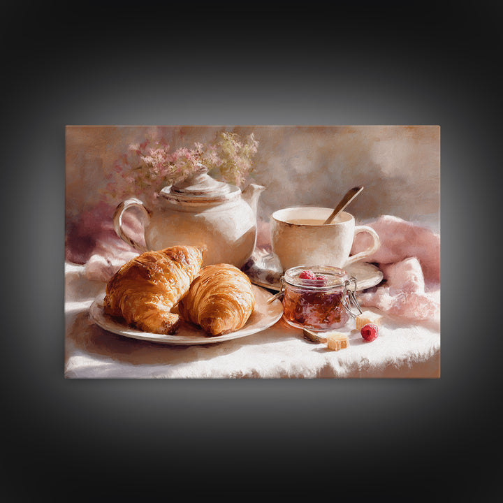 Fresh Croissants and Jam on a Linen Canvas Print, Bed and Breakfast Art, Above Bed Decor, Living Room Decor, Fine Art, BAB-3x2-30