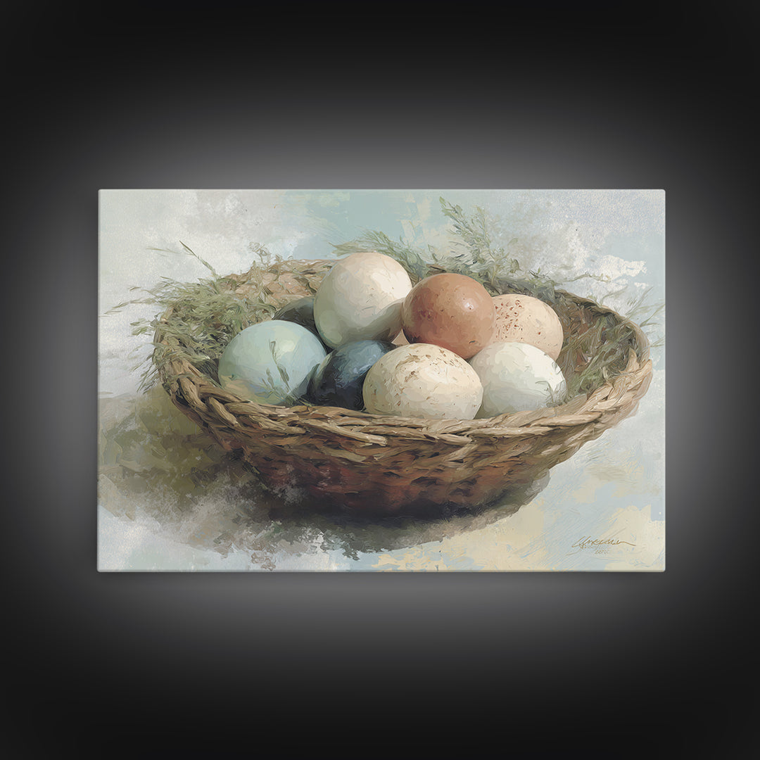 Fresh Eggs in a Woven Basket with Canvas Print, Bed and Breakfast Art, Coffee Art, Living Room Decor, Watercolor Art, BAB-3x2-34