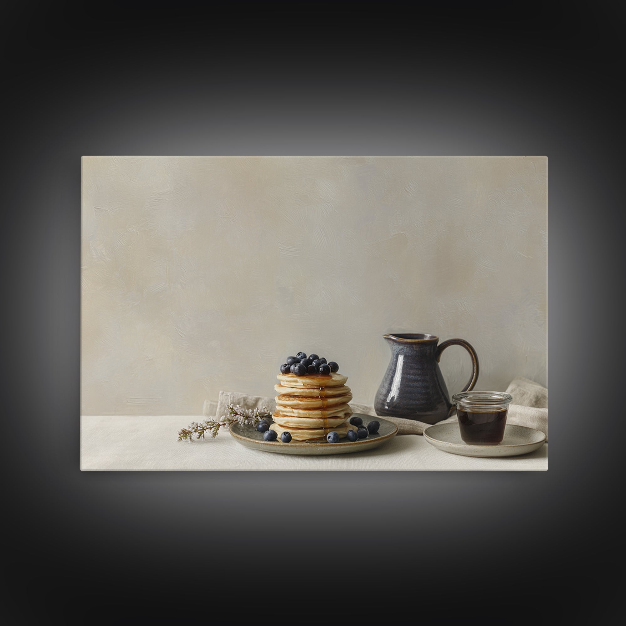 Blueberry Pancakes Still Life Framed Canvas Print, Bed and Breakfast Art, Folk Art, Living Room Decor, Fine Art, BAB-3x2-36