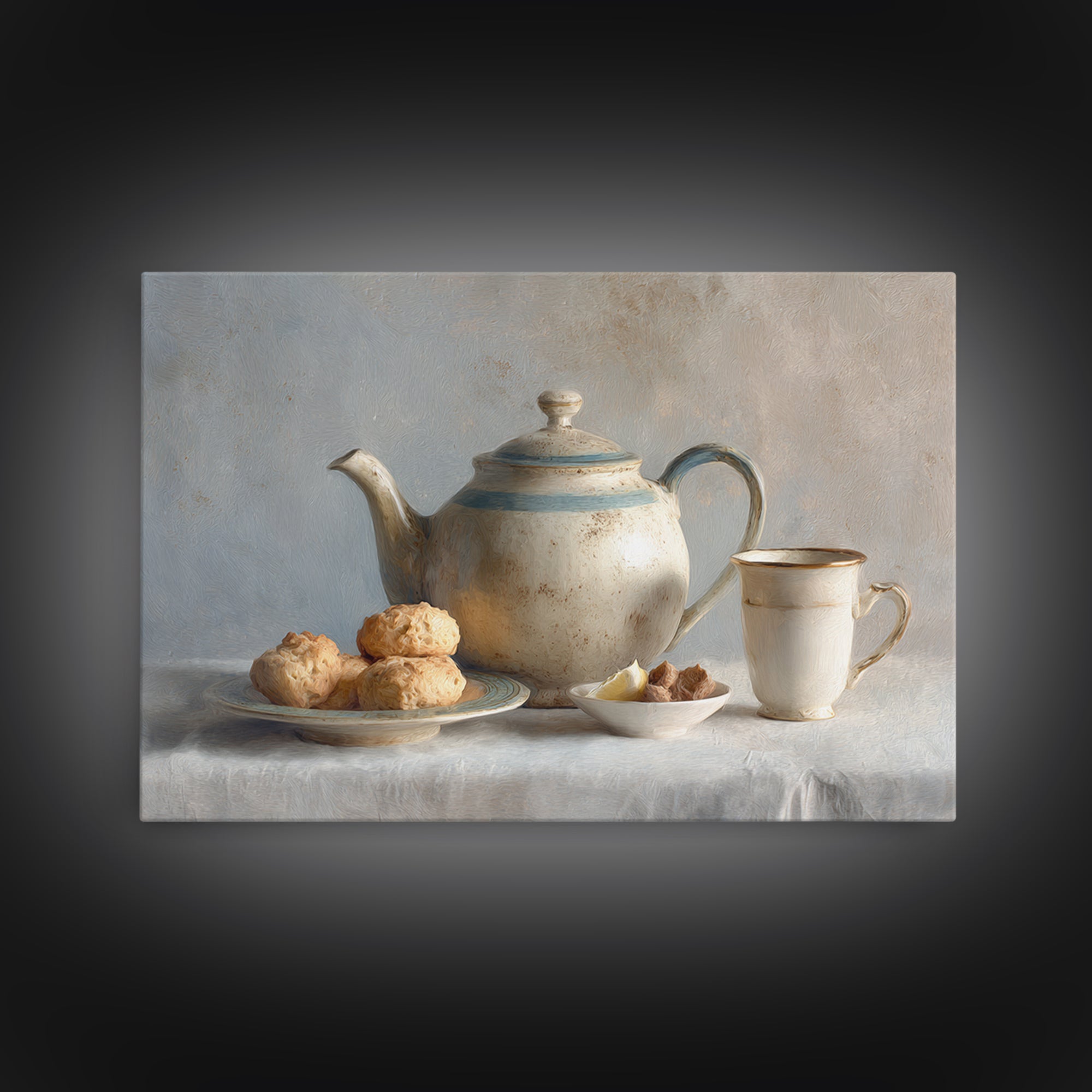 Porcelain Teapot and Scones Framed Canvas Print, Bed and Breakfast Art, Bedroom Art, Living Room Decor, Oil Painting, BAB-3x2-40