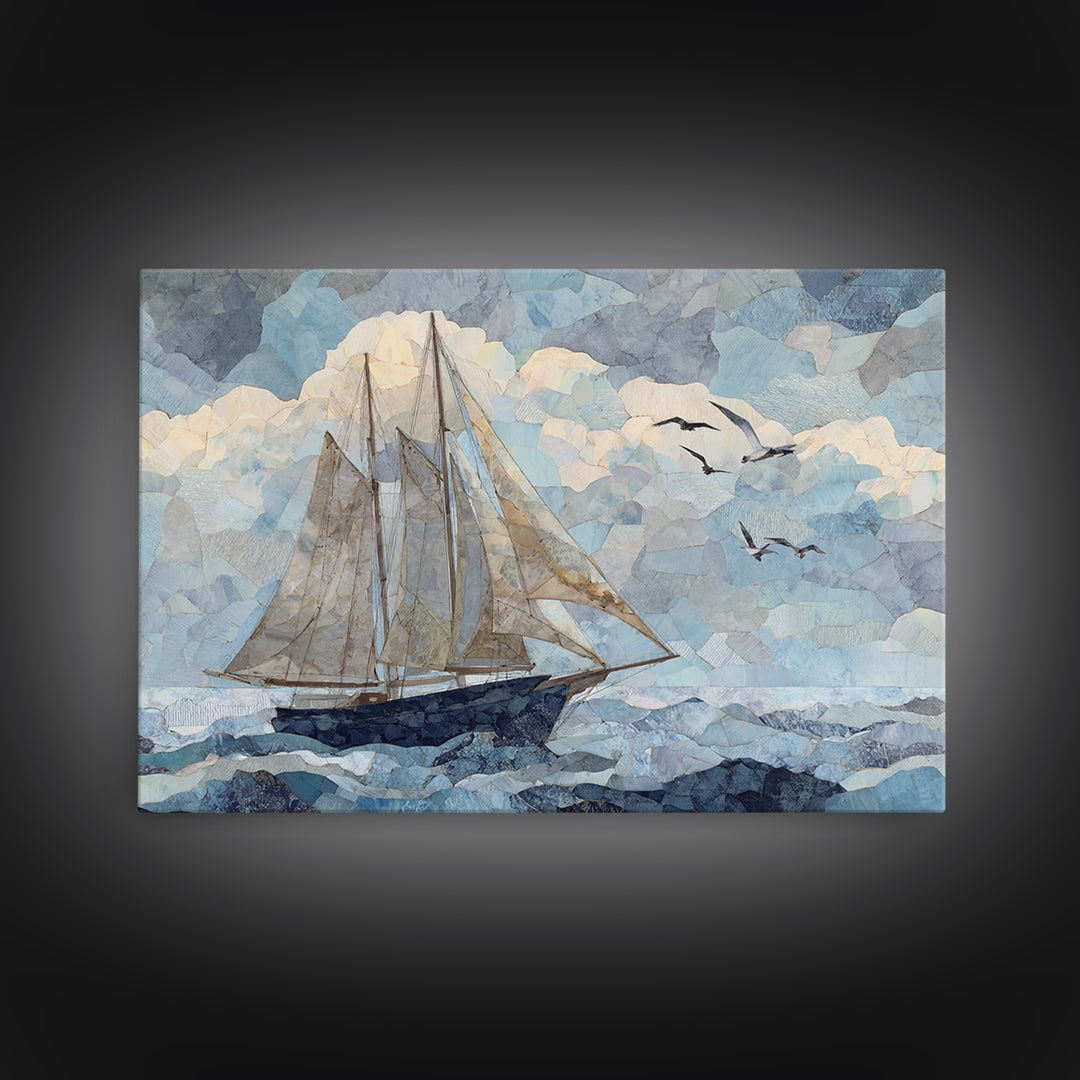 Coastal Inn Sailboat at Sunrise Framed Canvas Print, Bed and Breakfast Art, Gallery Decor, Living Room Decor, Fine Art, BAB-3x2-45