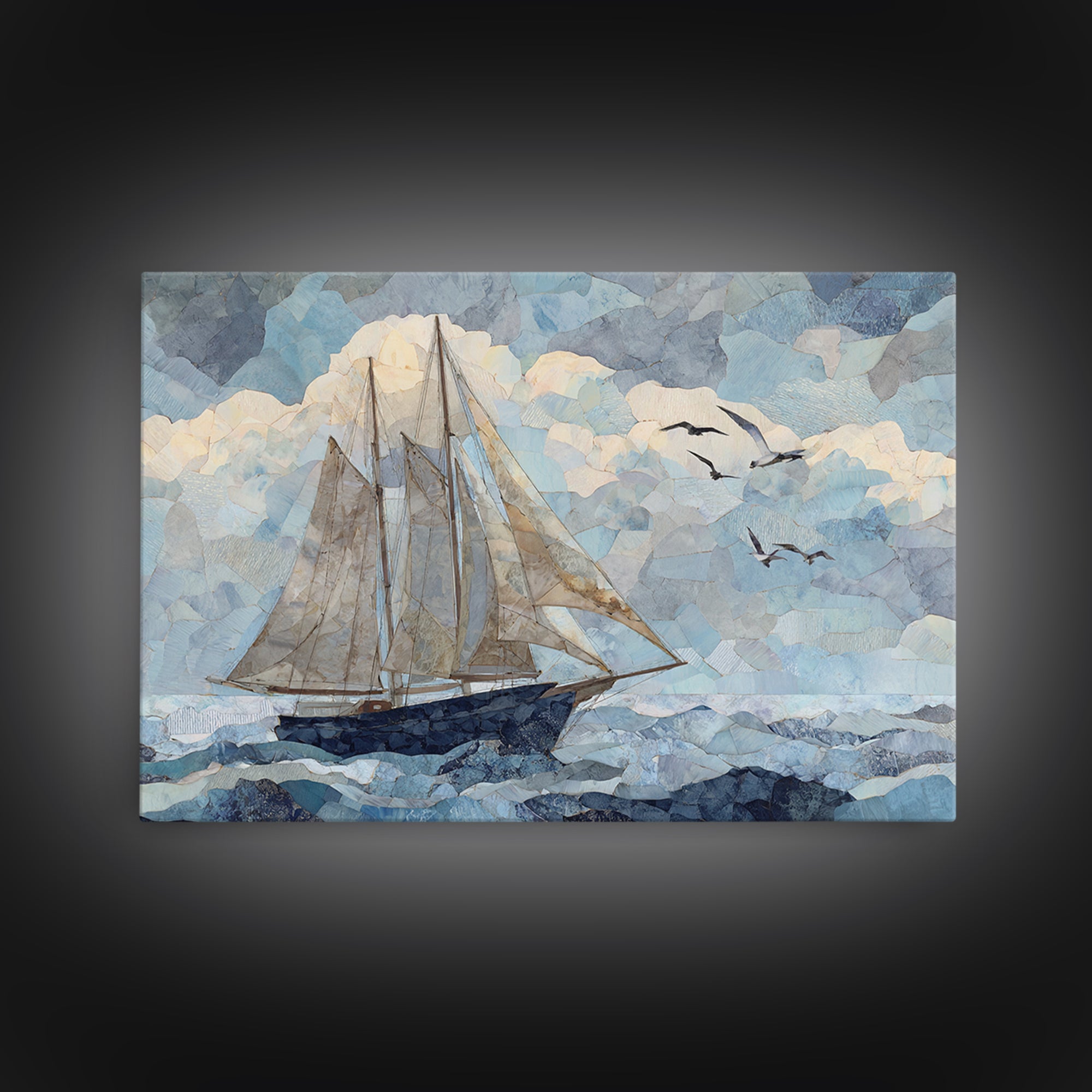 Coastal Inn Sailboat at Sunrise Framed Canvas Print, Bed and Breakfast Art, Gallery Decor, Living Room Decor, Fine Art, BAB-3x2-45