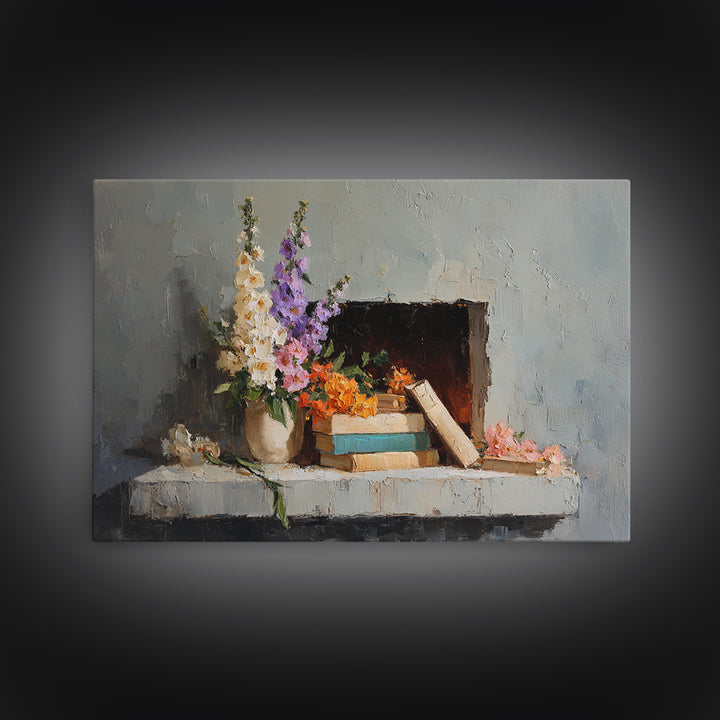 Warm Fireplace Still Life Framed Canvas Print, Bed and Breakfast Art, Bedroom Wall Decor, Living Room Decor, Fine Art, BAB-3x2-46