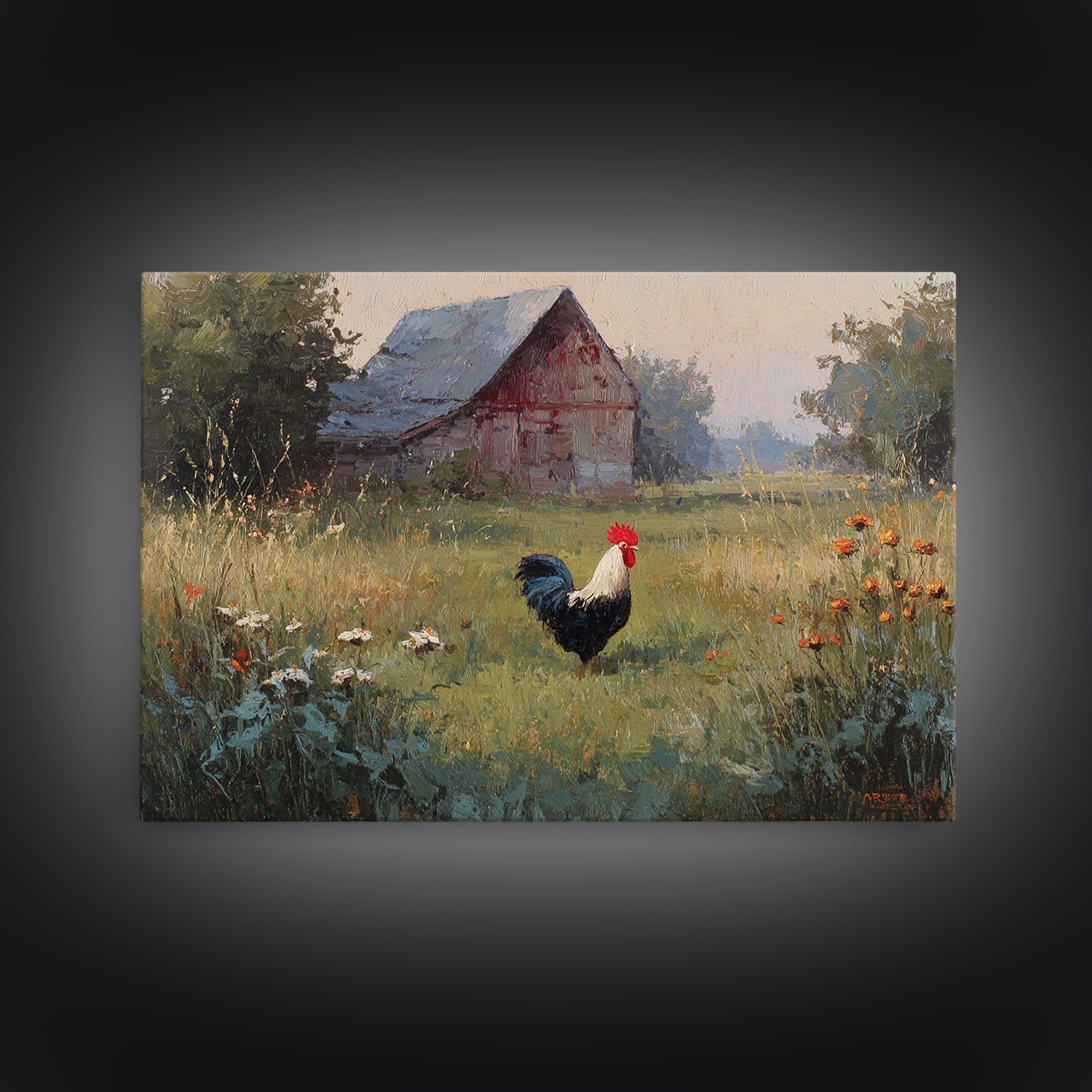 Rooster and Wildflower Country Portrait Framed Canvas Print, Bed and Breakfast Art, Digital Art, Living Room Decor, Fine Art, BAB-3x2-47