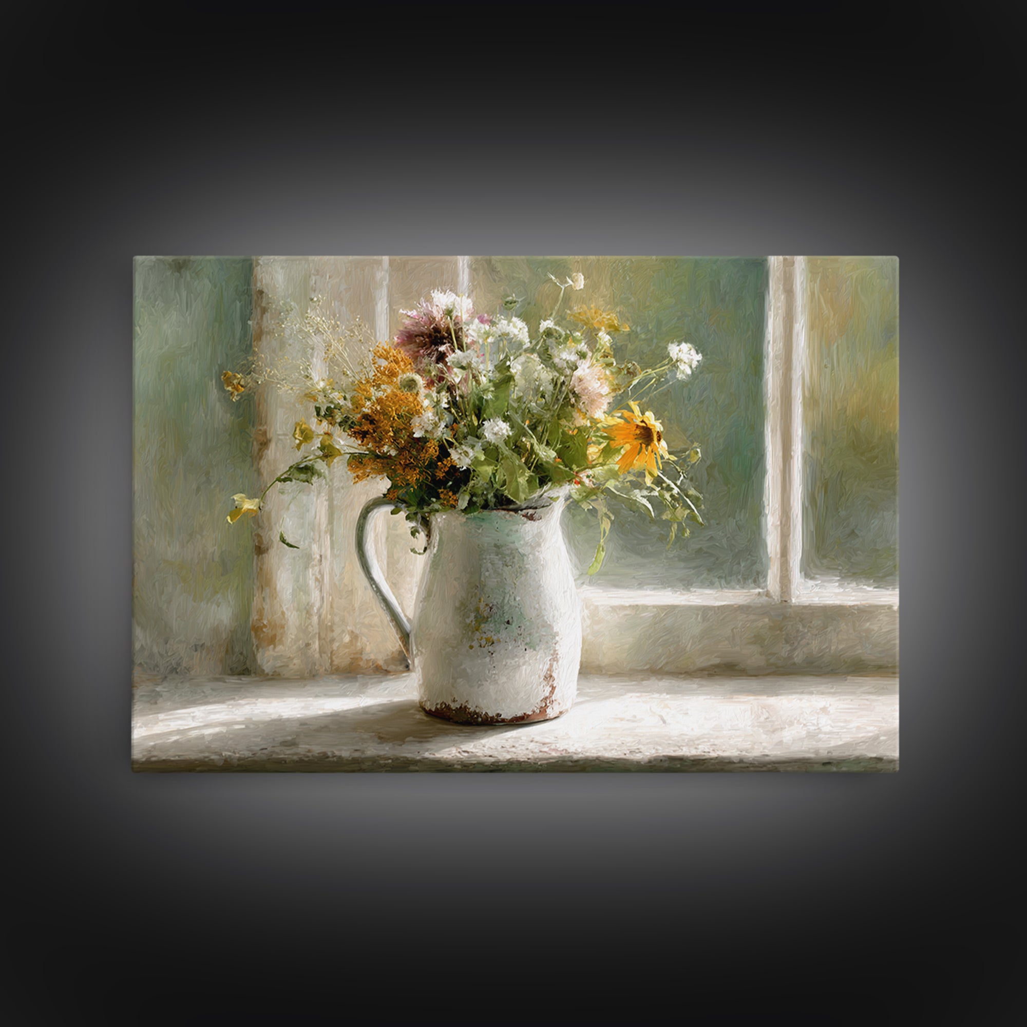 Country Wildflowers in a Chipped Ceramic Pitcher Canvas Print, Bed and Breakfast Art, Coffee Wall Art, Living Room Decor, BAB-3x2-5
