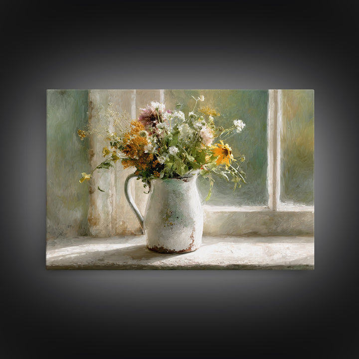 Country Wildflowers in a Chipped Ceramic Pitcher Canvas Print, Bed and Breakfast Art, Coffee Wall Art, Living Room Decor, BAB-3x2-5