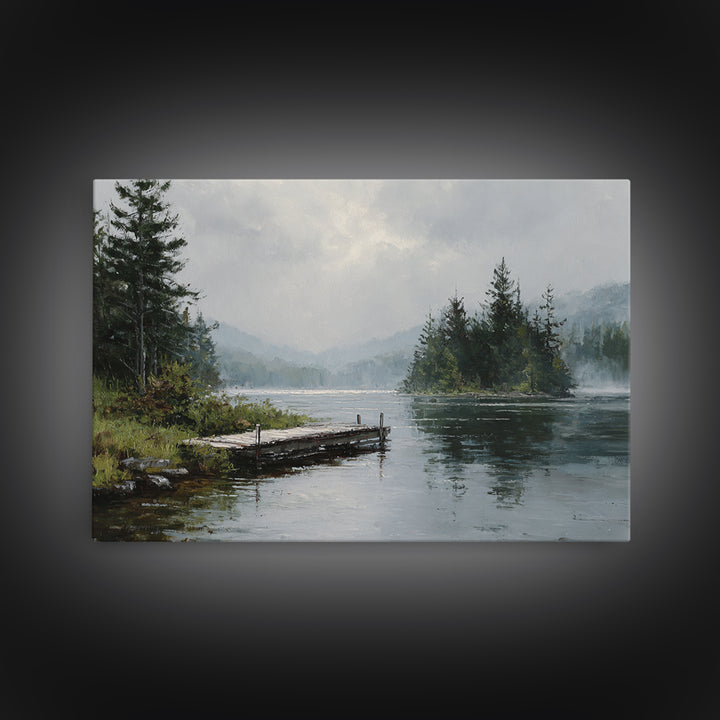 Quiet Lake Dock at Early Morning Framed Canvas Print, Bed and Breakfast Art, Farmhouse Wall Decor, Living Room Decor, Fine Art, BAB-3x2-50