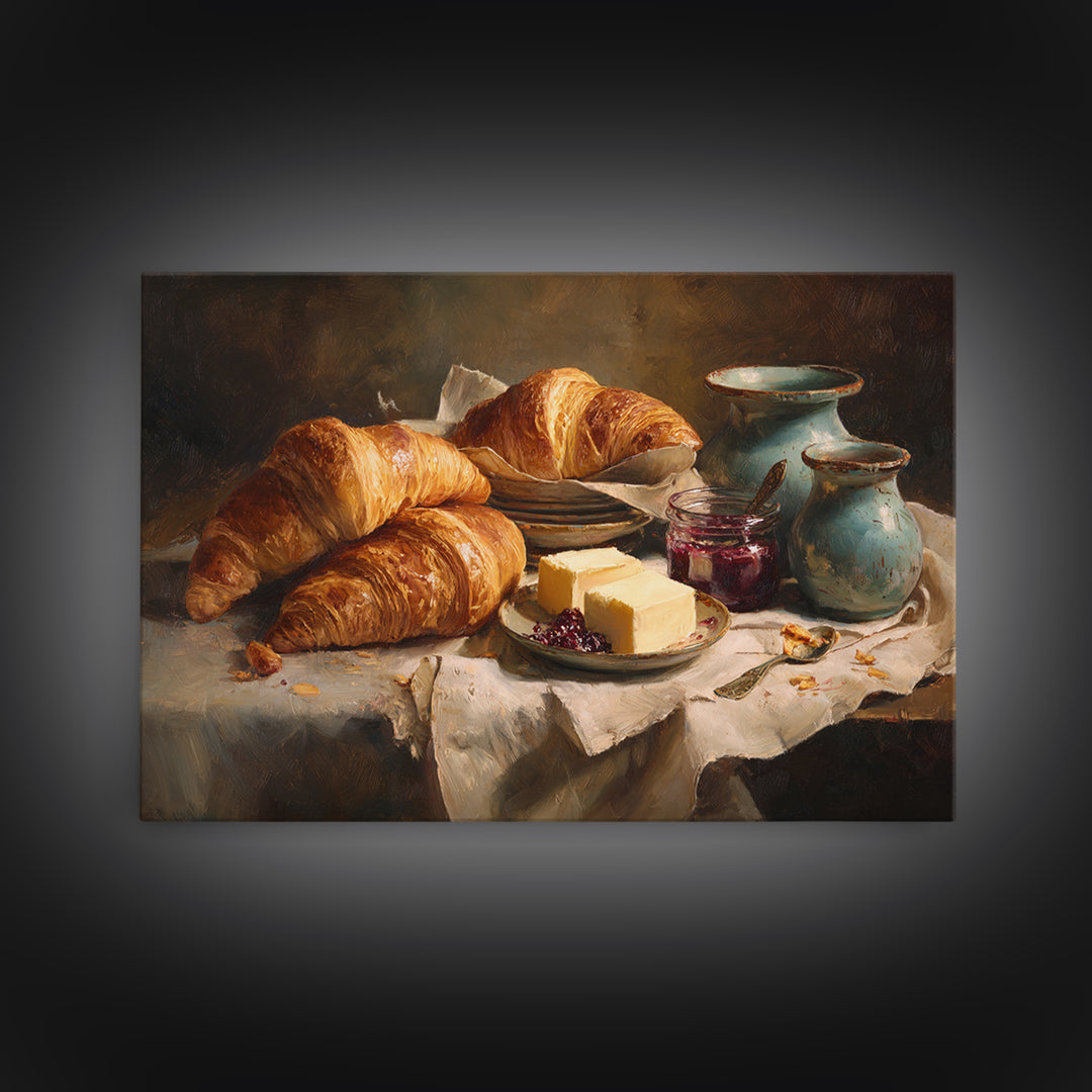Fresh Croissants and Jam on a Linen Canvas Print, Bed and Breakfast Art, Above Bed Decor, Living Room Decor, Fine Art, BAB-3x2-54