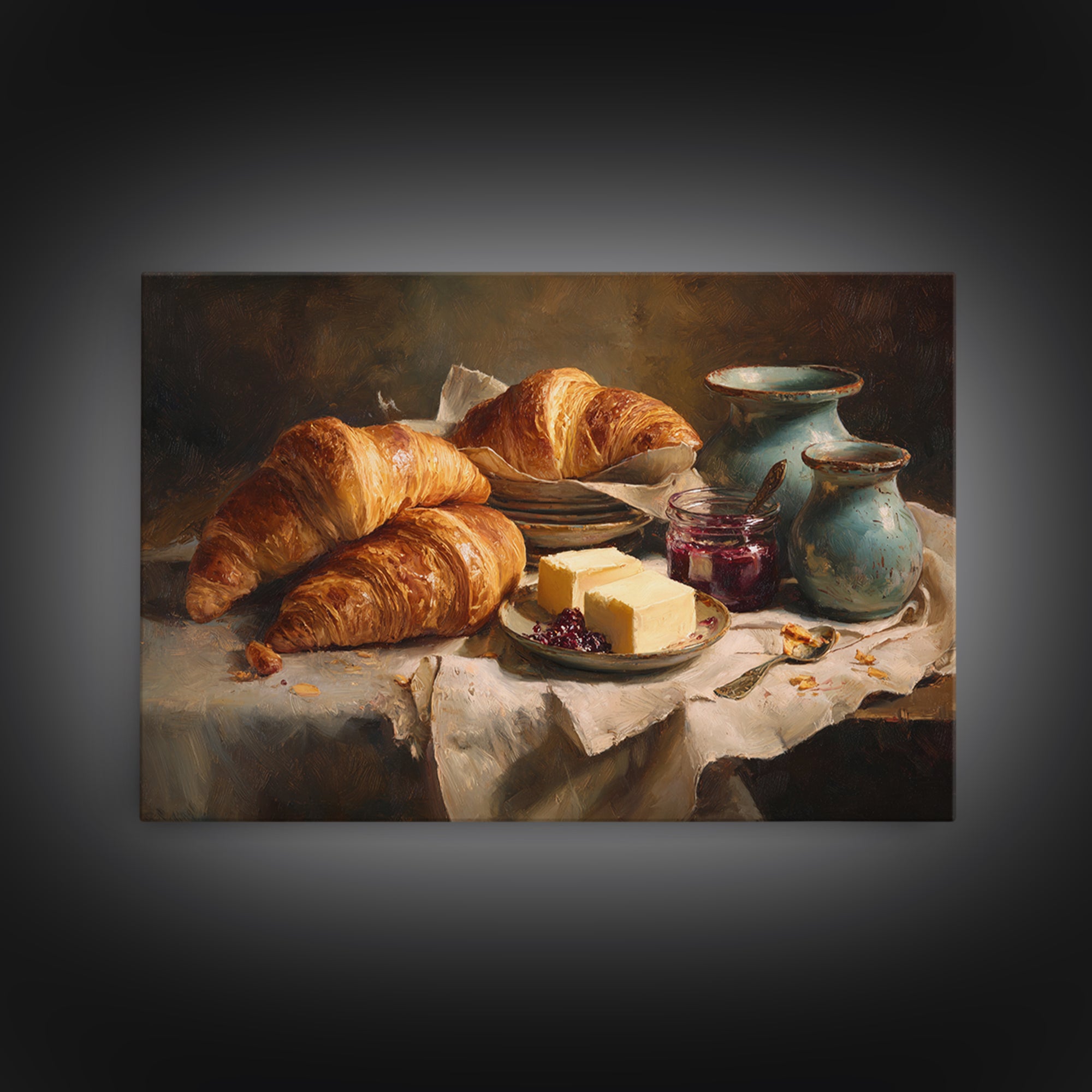 Fresh Croissants and Jam on a Linen Canvas Print, Bed and Breakfast Art, Above Bed Decor, Living Room Decor, Fine Art, BAB-3x2-54