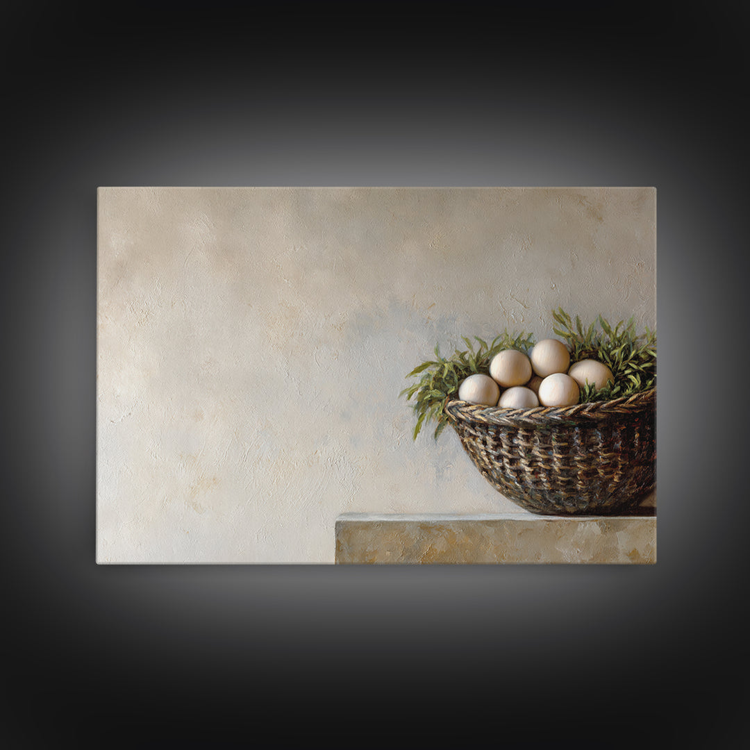 Fresh Eggs in a Woven Basket with Canvas Print, Bed and Breakfast Art, Coffee Art, Living Room Decor, Watercolor Art, BAB-3x2-58