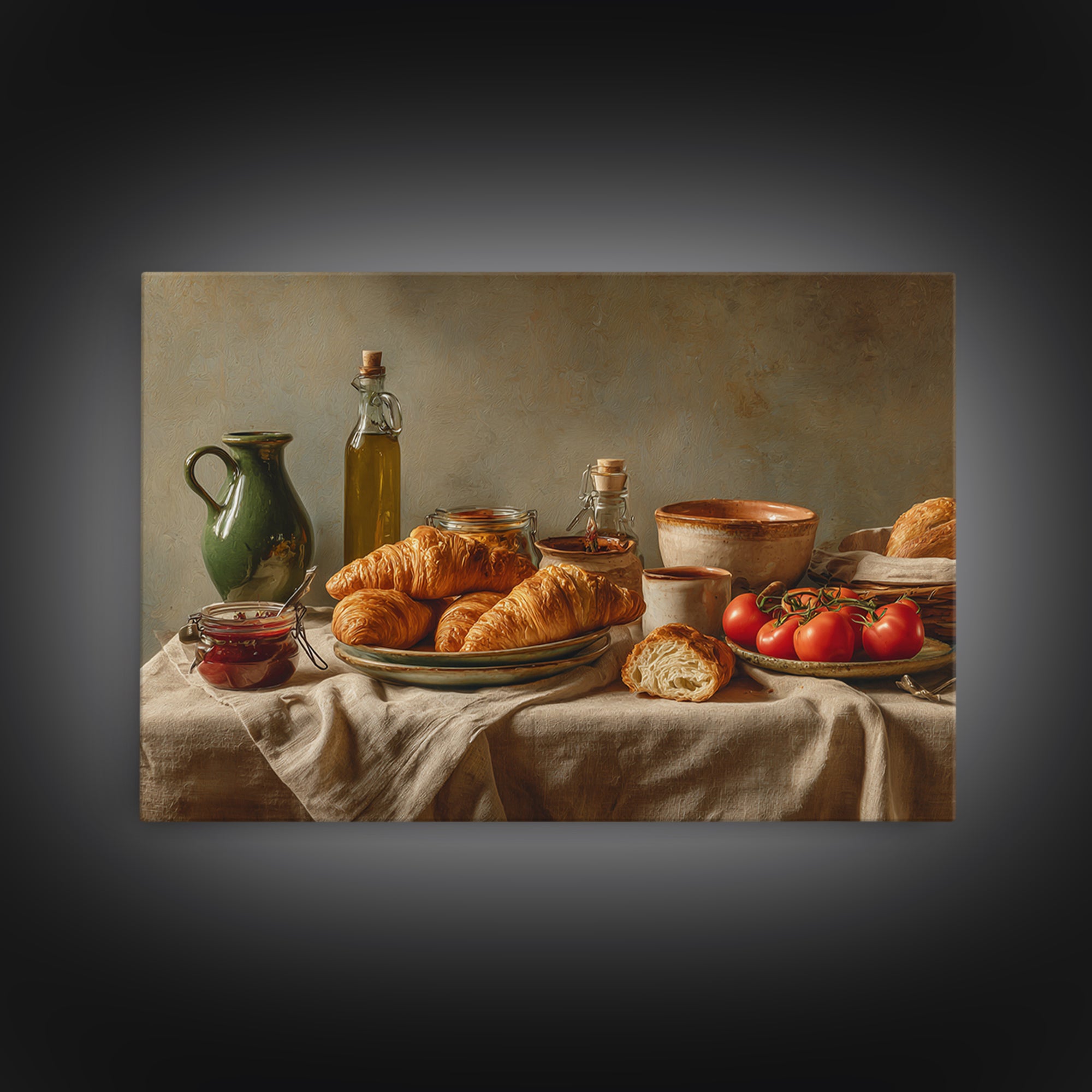 Fresh Croissants and Jam on a Linen Framed Canvas Print, Bed and Breakfast Art, Dopamine Decor, Living Room Decor, Fine Art, BAB-3x2-6