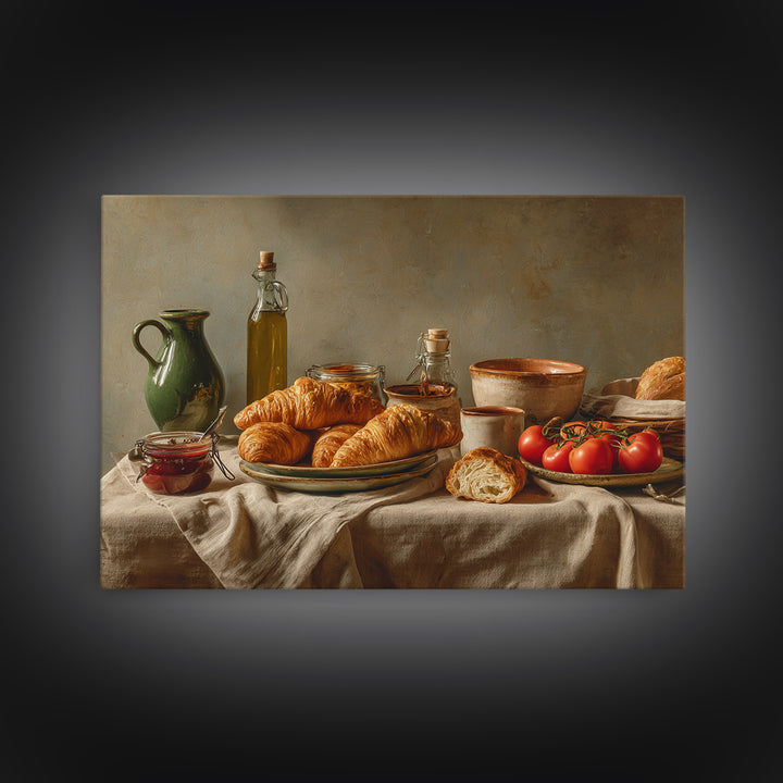 Fresh Croissants and Jam on a Linen Framed Canvas Print, Bed and Breakfast Art, Dopamine Decor, Living Room Decor, Fine Art, BAB-3x2-6