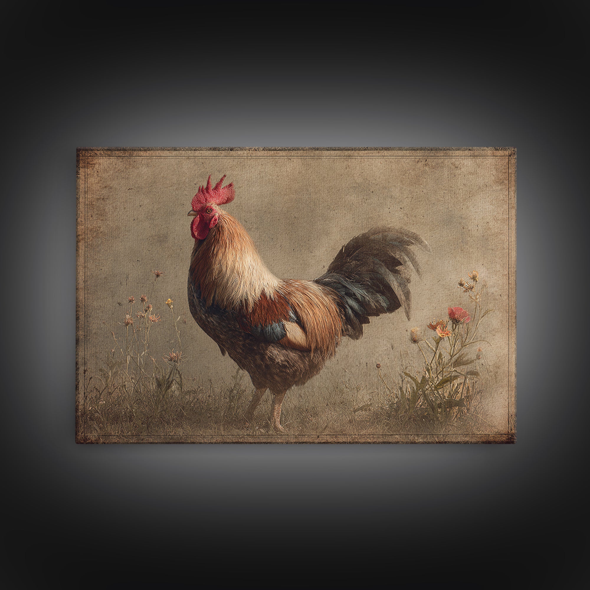 Rooster and Wildflower Country Portrait Canvas Print, Bed and Breakfast Art, Rustic Home Decor, Living Room Decor, BAB-3x2-71
