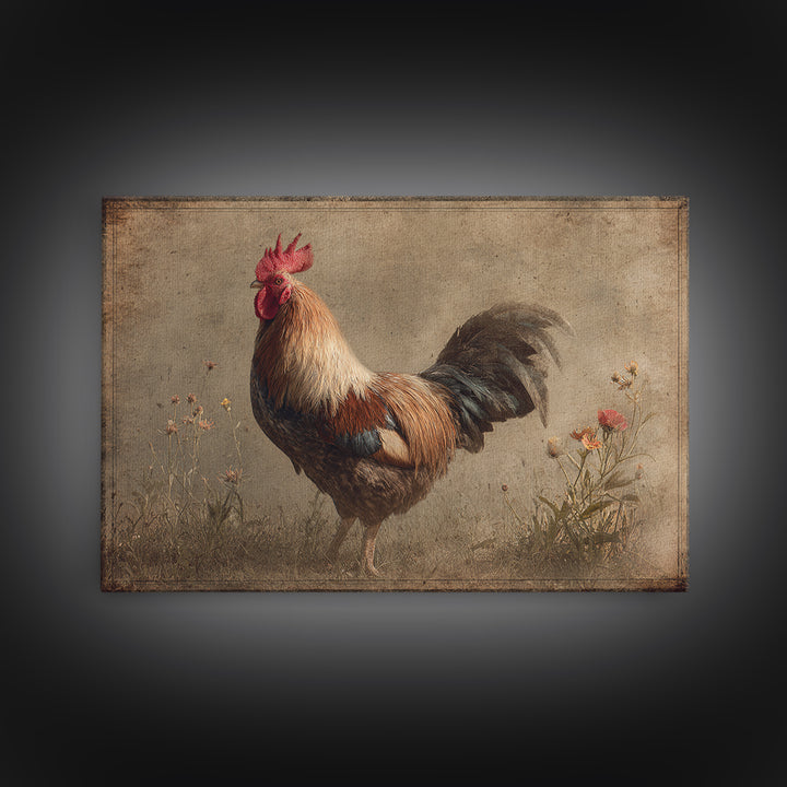 Rooster and Wildflower Country Portrait Canvas Print, Bed and Breakfast Art, Rustic Home Decor, Living Room Decor, BAB-3x2-71