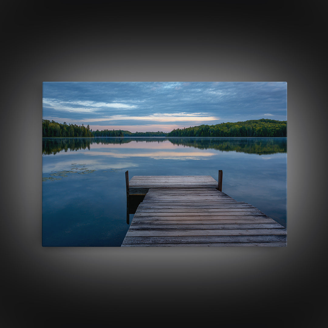 Quiet Lake Dock at Early Morning Framed Canvas Print, Bed and Breakfast Art, Farmhouse Wall Decor, Living Room Decor, Fine Art, BAB-3x2-74