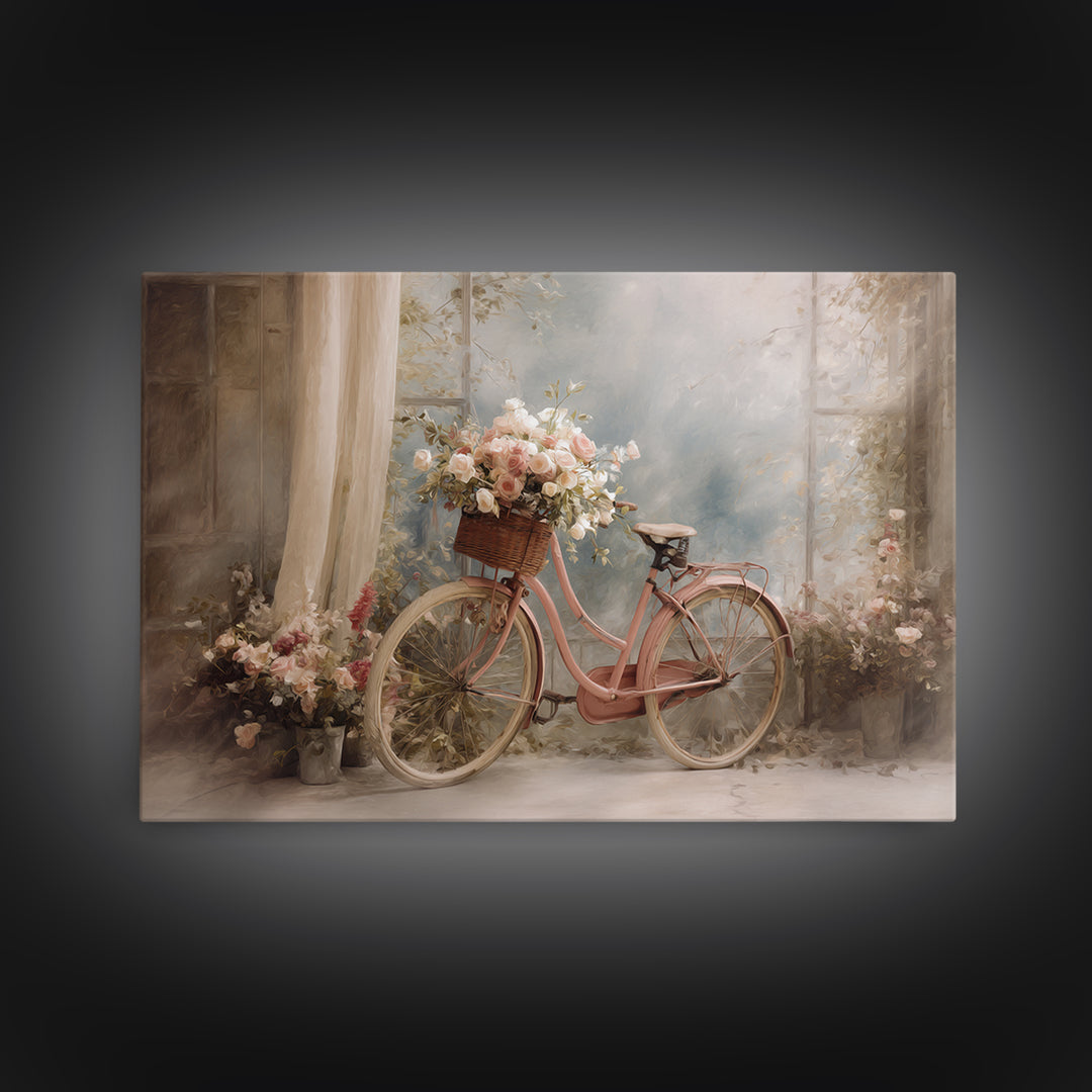 Old Bicycle with Flowers in Basket Canvas Print, Bed and Breakfast Art, Print, Living Room Decor, Watercolor Art, BAB-3x2-75