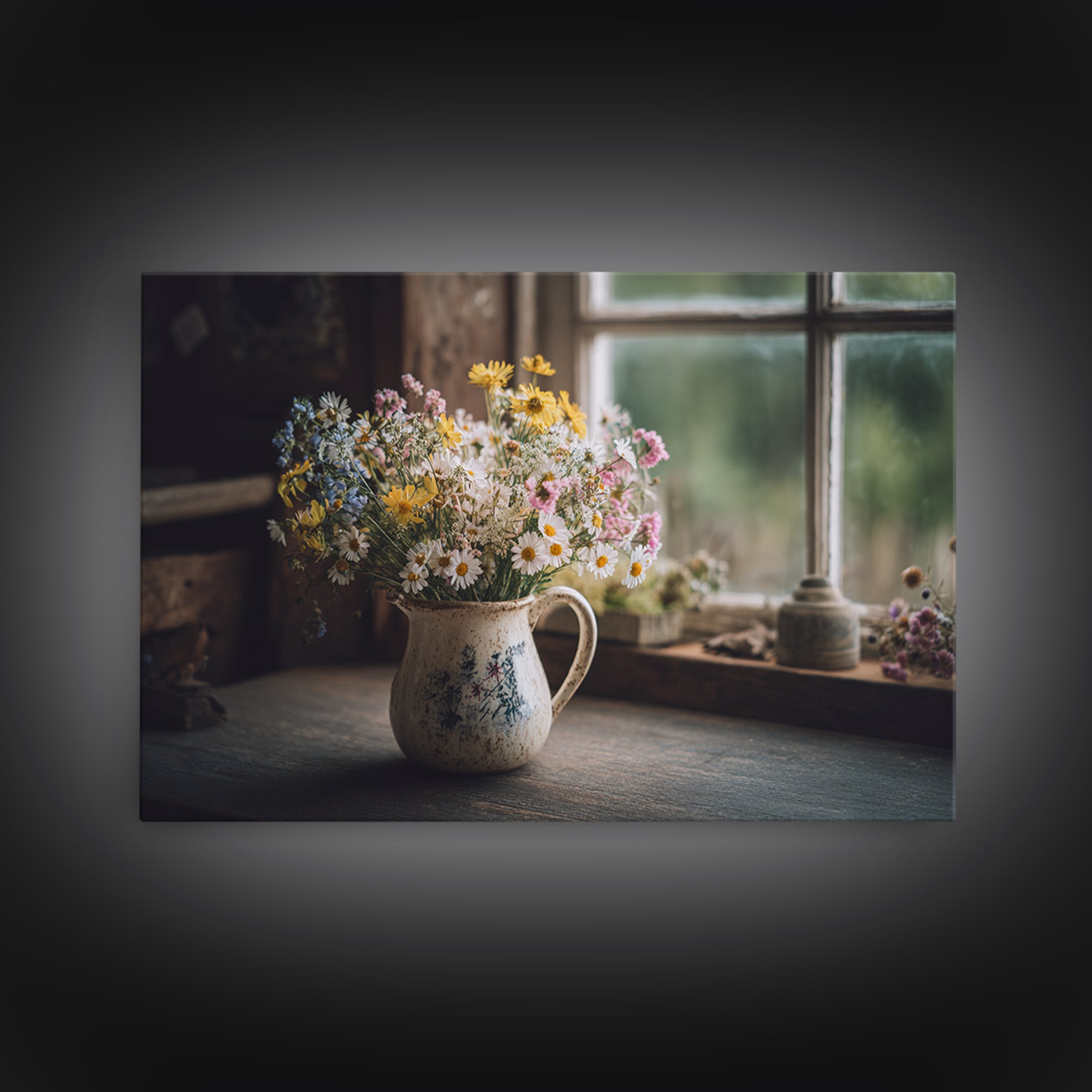 Country Wildflowers in a Chipped Ceramic Pitcher Canvas Print, Bed and Breakfast Art, Room Decor, Living Room Decor, BAB-3x2-77