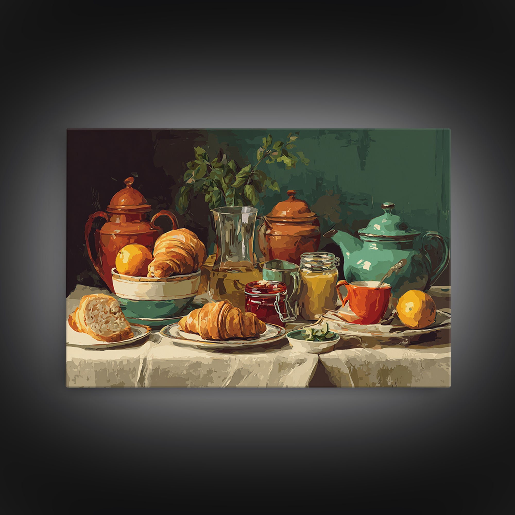 Fresh Croissants and Jam on a Linen Framed Canvas Print, Bed and Breakfast Art, Folk Art, Living Room Decor, Abstract Art, BAB-3x2-78