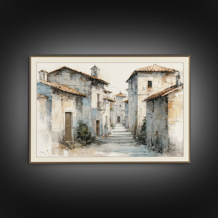 Soft Watercolor Village Street at Dawn Framed Canvas Print, Bed and Breakfast Art, Fine Art Print, Living Room Decor, Fine Art, BAB-3x2-81