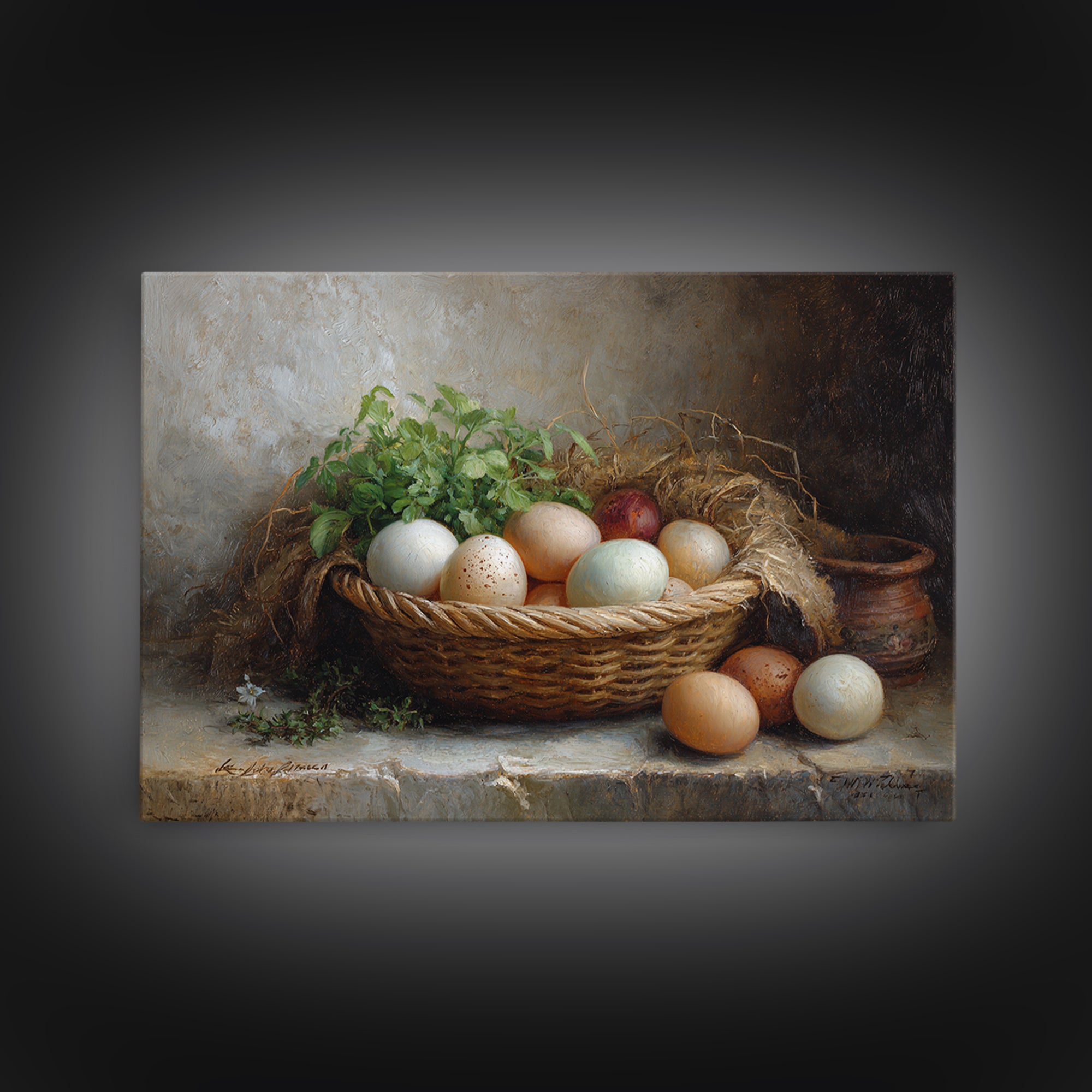 Fresh Eggs in a Woven Basket with Framed Canvas Print, Bed and Breakfast Art, Bedroom Art, Living Room Decor, Oil Painting, BAB-3x2-82